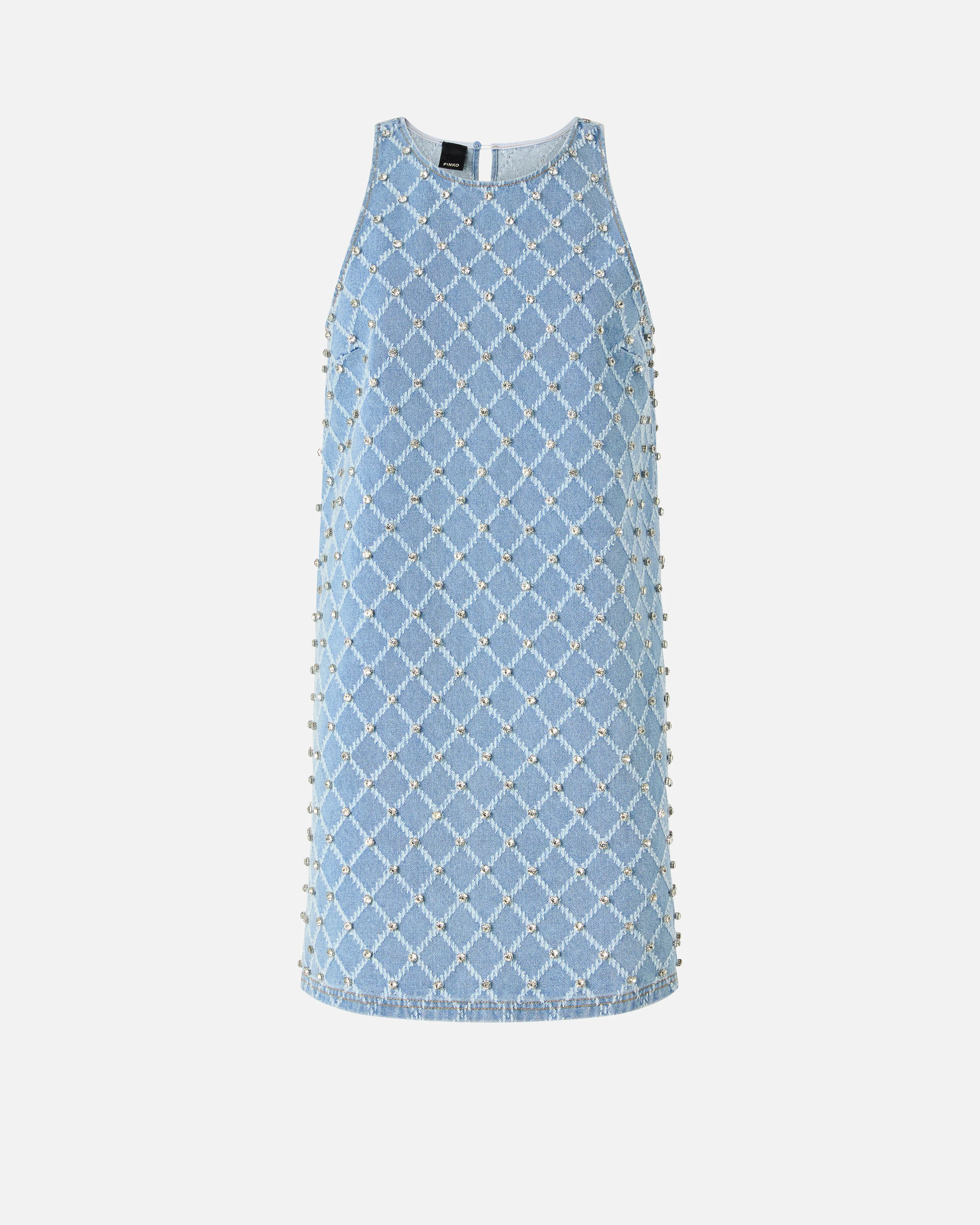 Abito corto in denim con disegno rombi e strass - Image 5