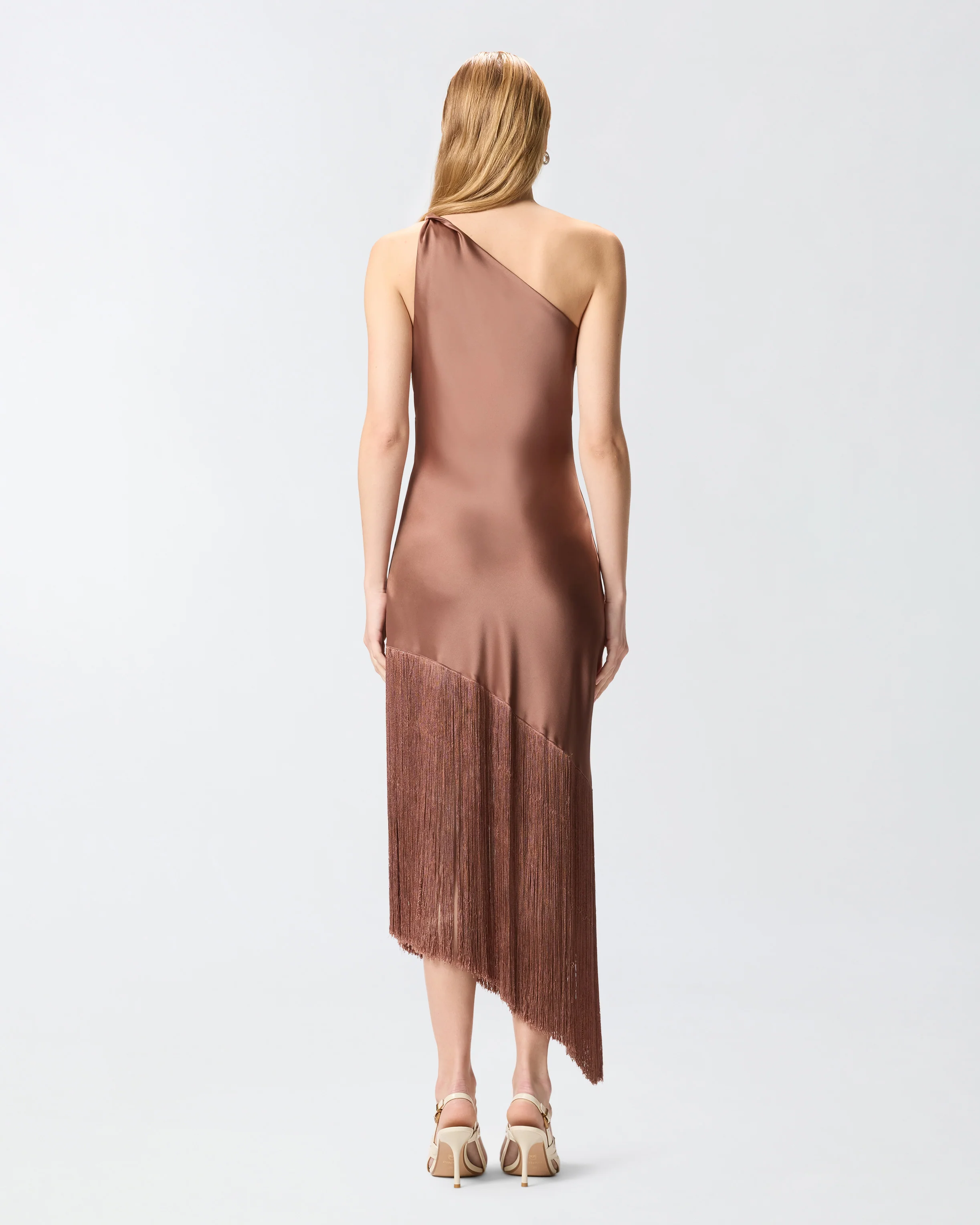 Abito corto monospalla in satin con frange - Image 3