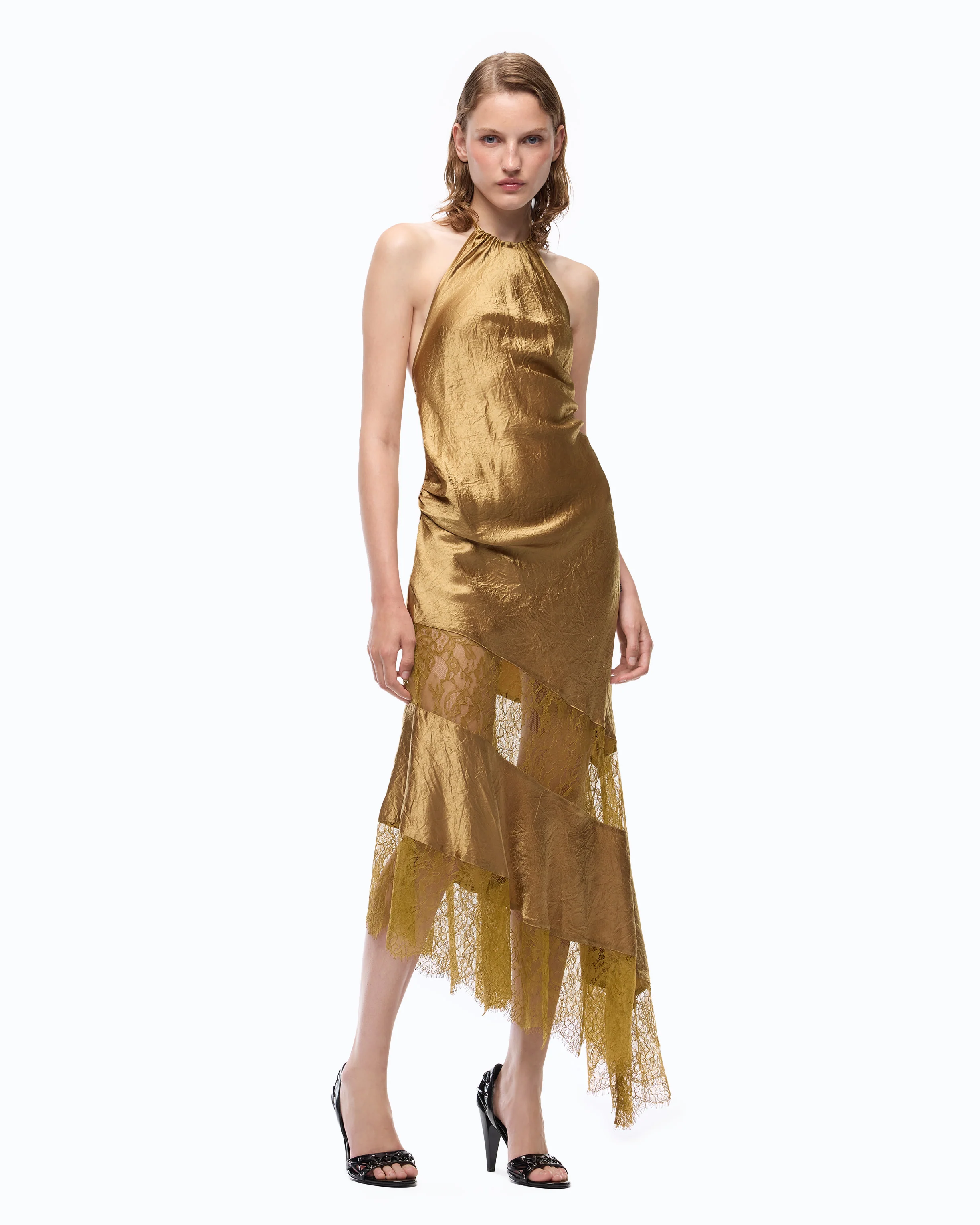 Abito midi asimmetrico in satin con pizzo