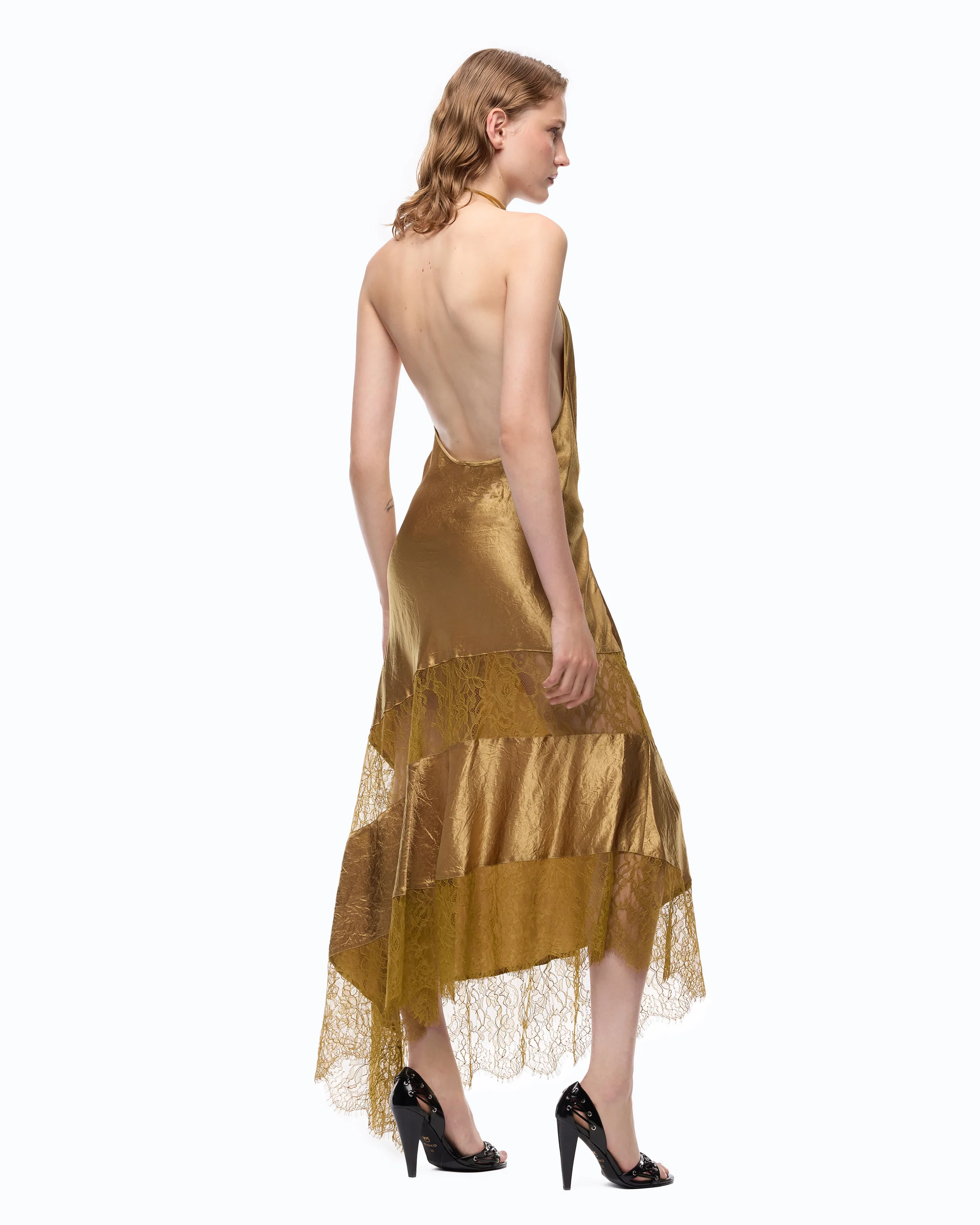 Abito midi asimmetrico in satin con pizzo - Image 4