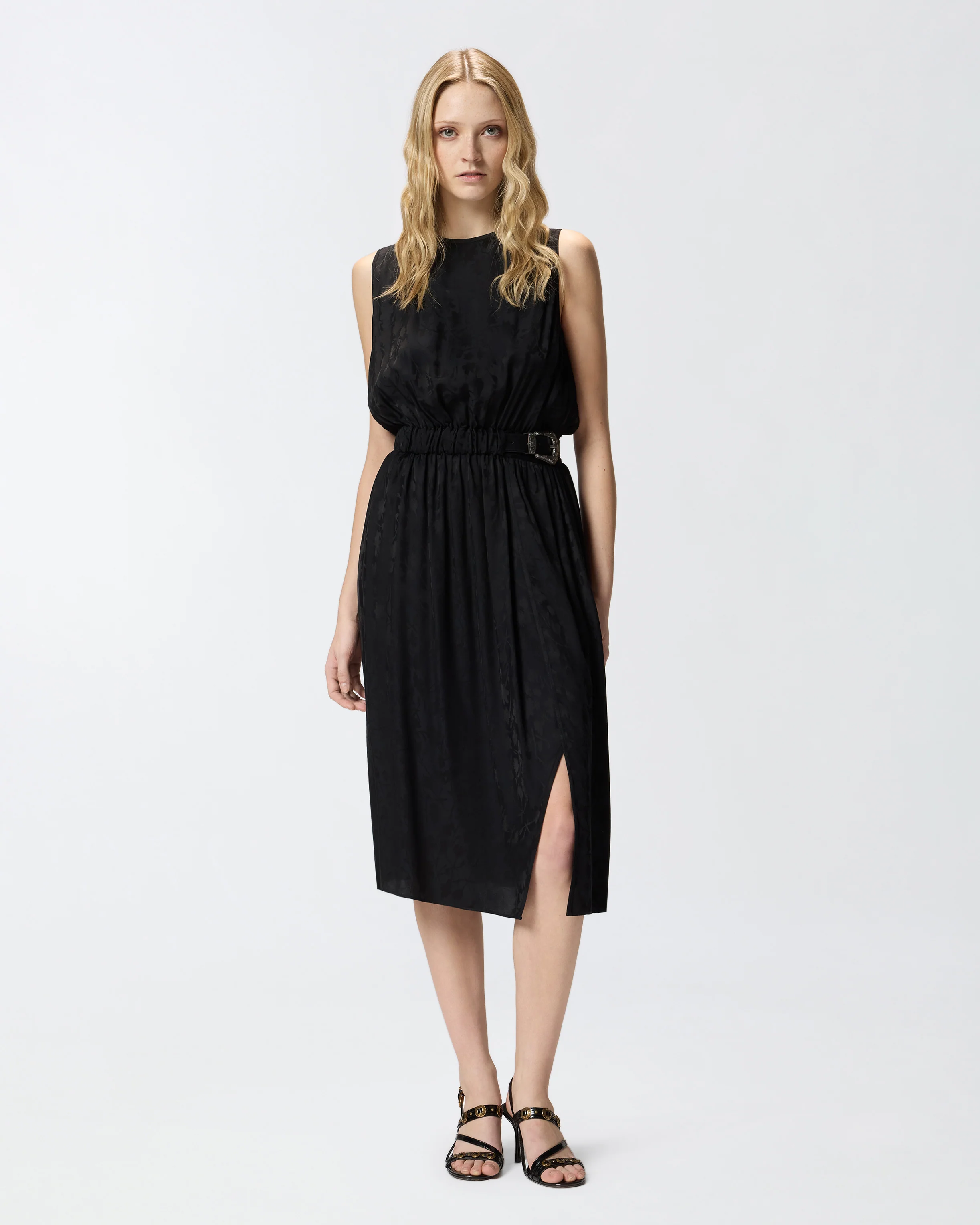 Abito midi smanicato in jacquard floreale con cintura