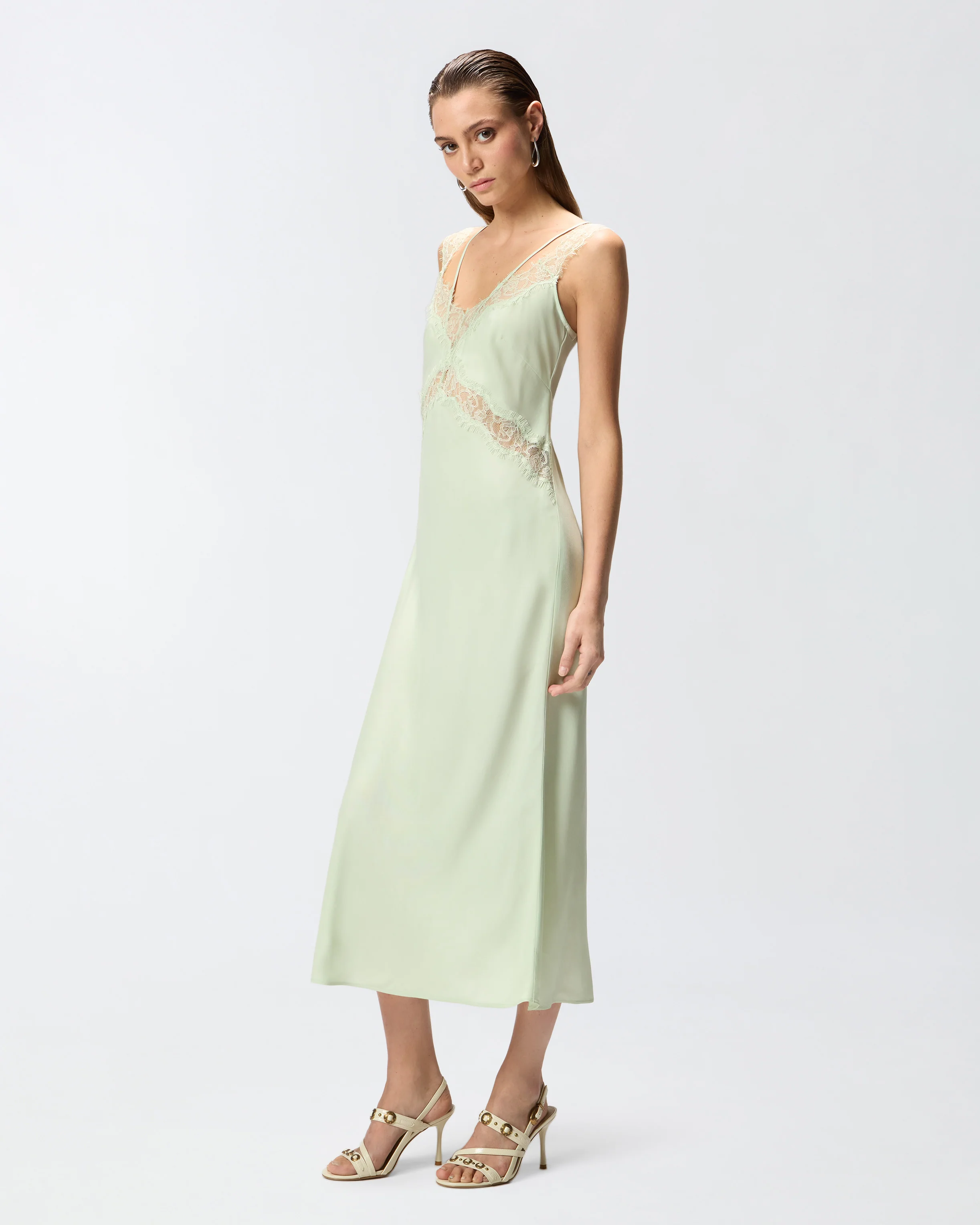 Abito slipdress midi con bande in pizzo