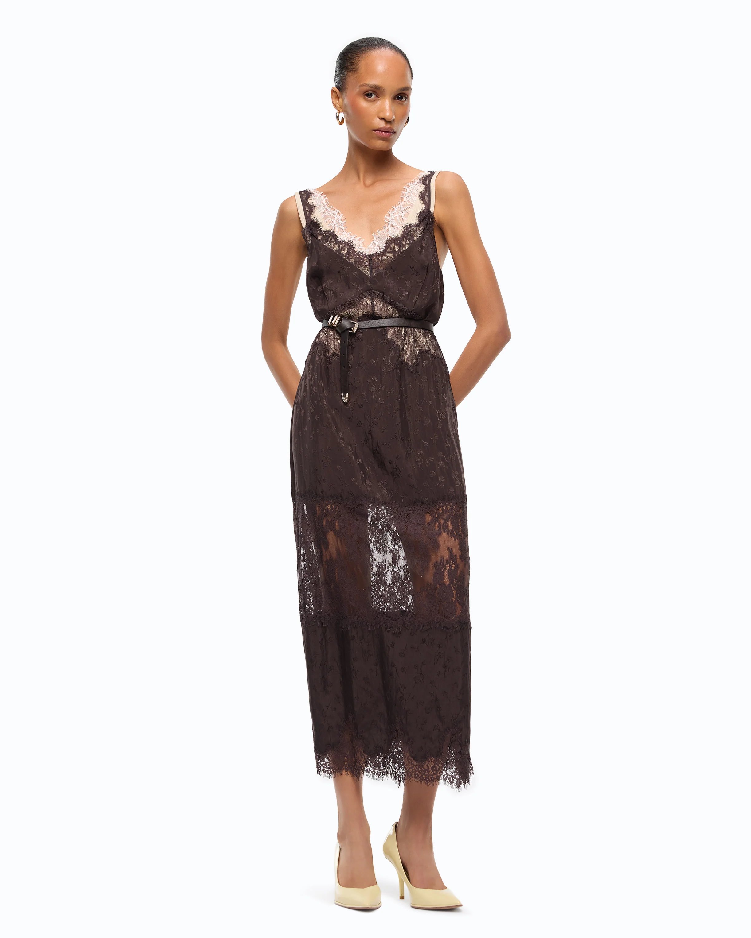 Abito slipdress midi con bande in pizzo