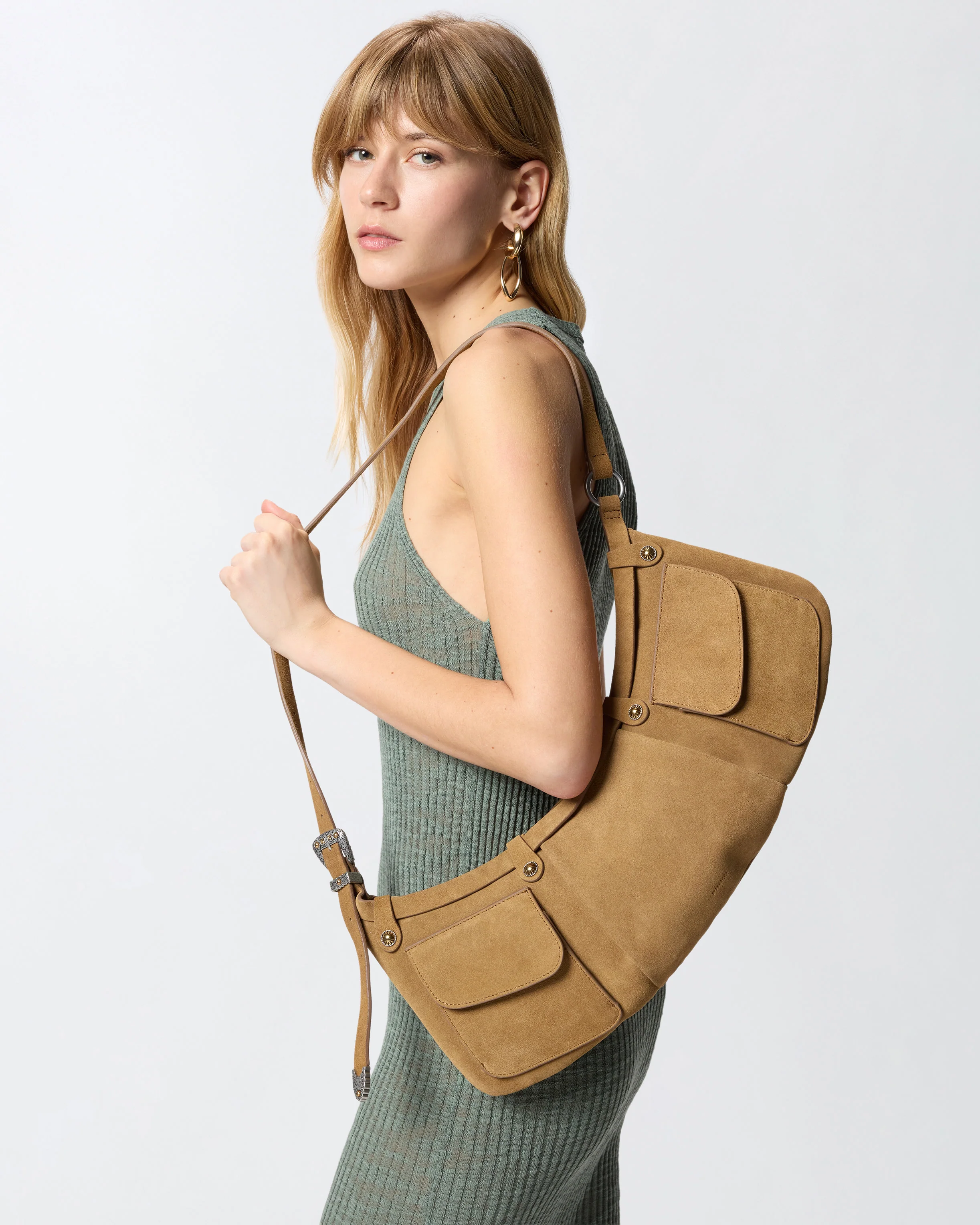 Borsa a spalla grande Pocket Body Bag in suede con tasche - Image 5