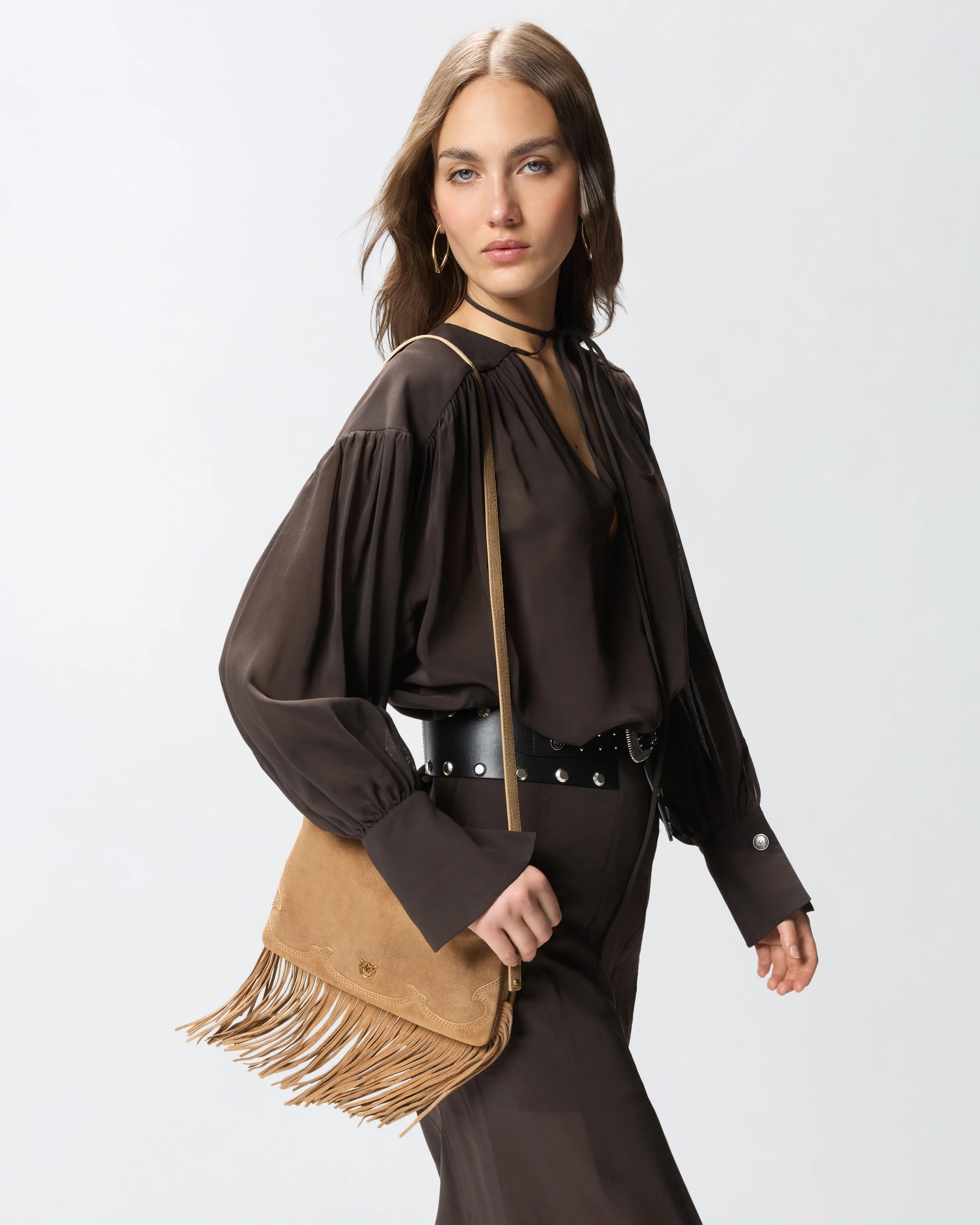 Borsa a tracolla piccola One, Two, Three Bag in suede con frange - Image 5
