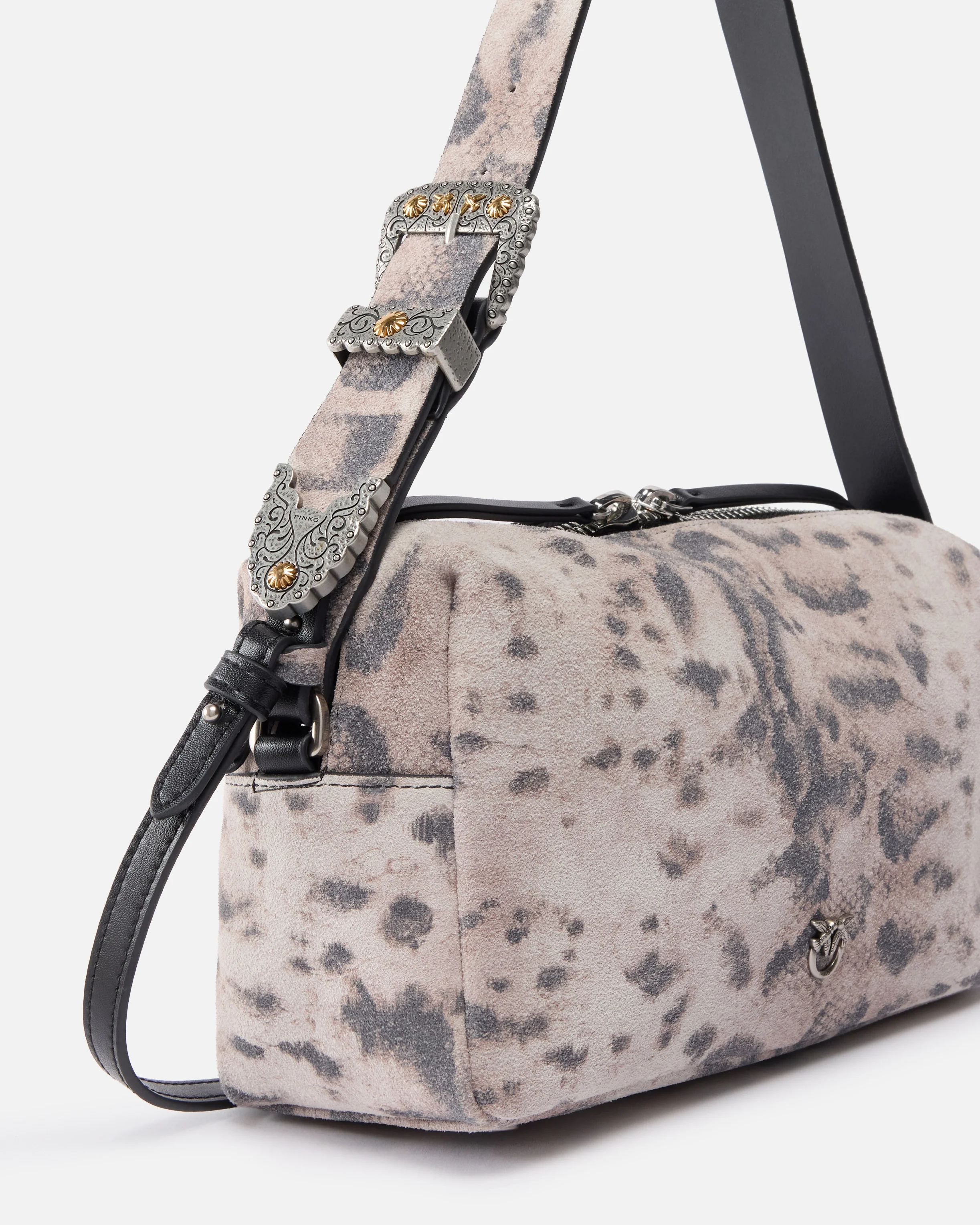 Borsa bauletto a tracolla media in suede con stampa pitone - Image 5
