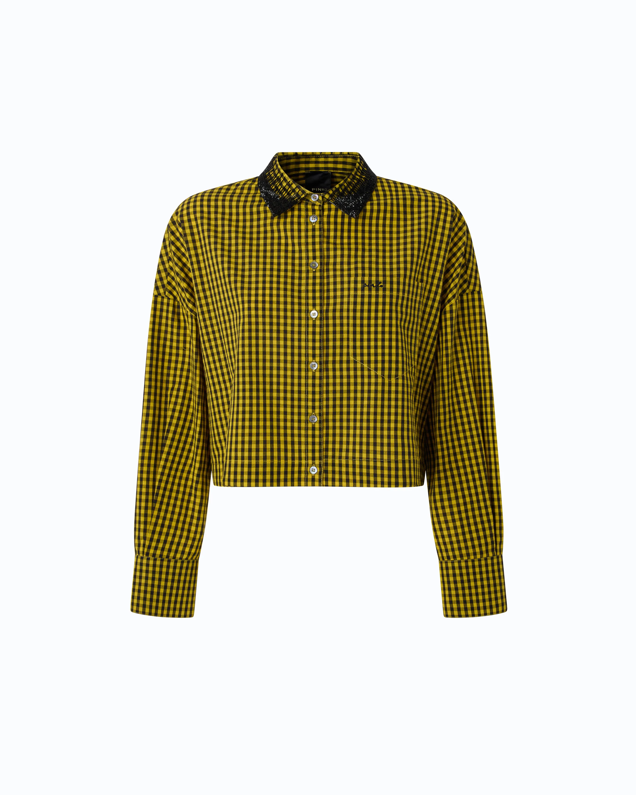 Camicia cropped a quadretti con collo gioiello - Image 5