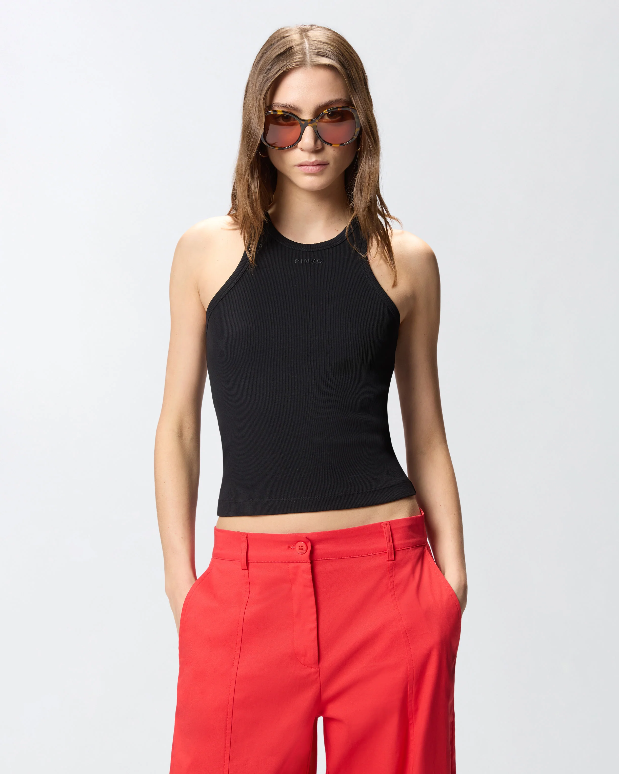 Canotta a costine con logo PINKO