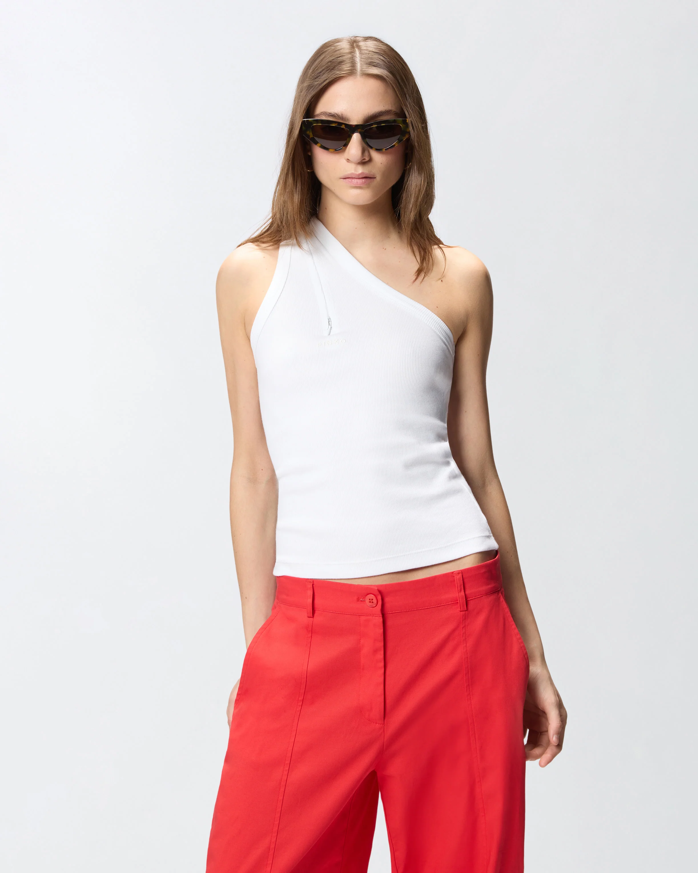 Canotta a costine con scollo a V e logo PINKO
