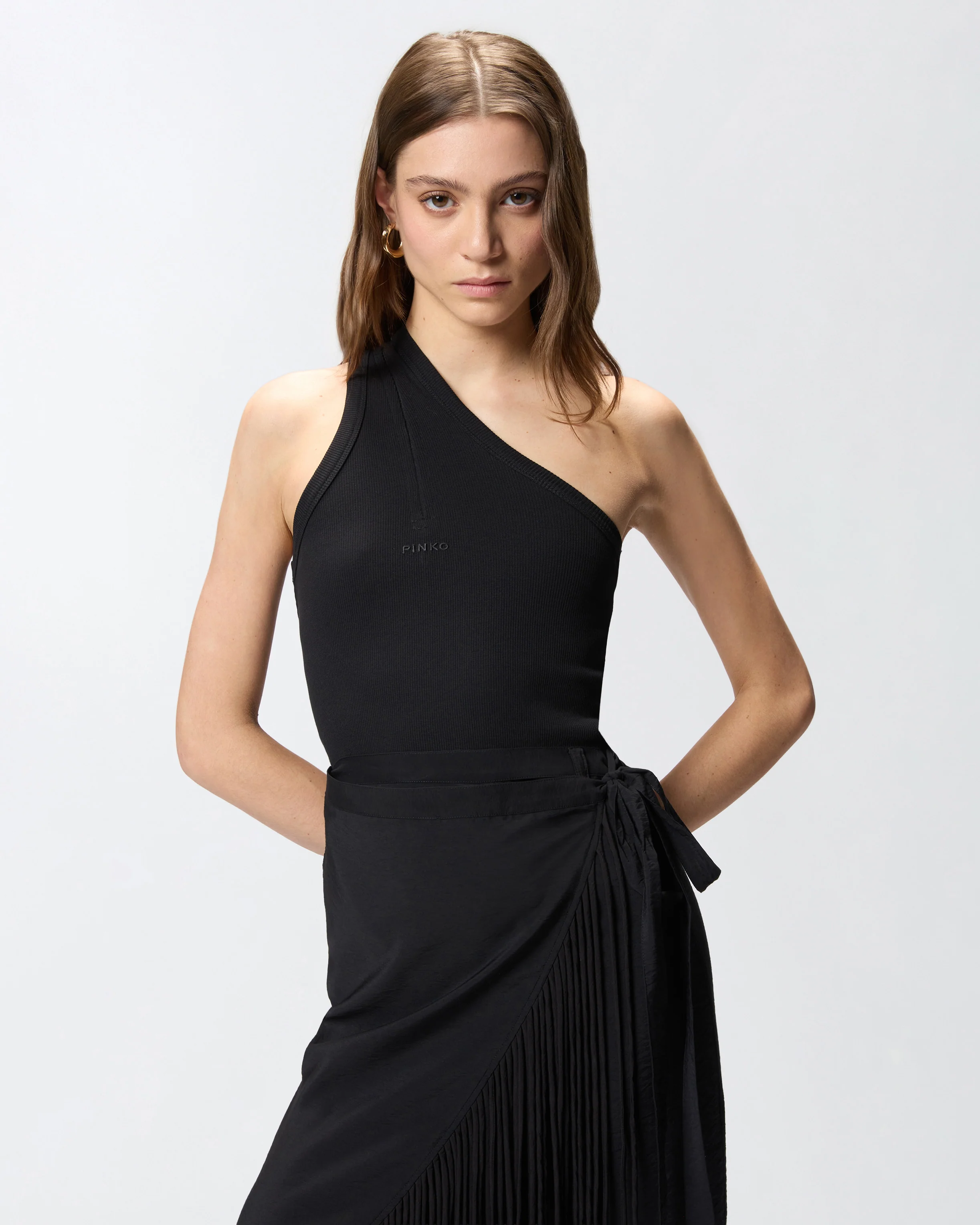 Canotta a costine con scollo a V e logo PINKO