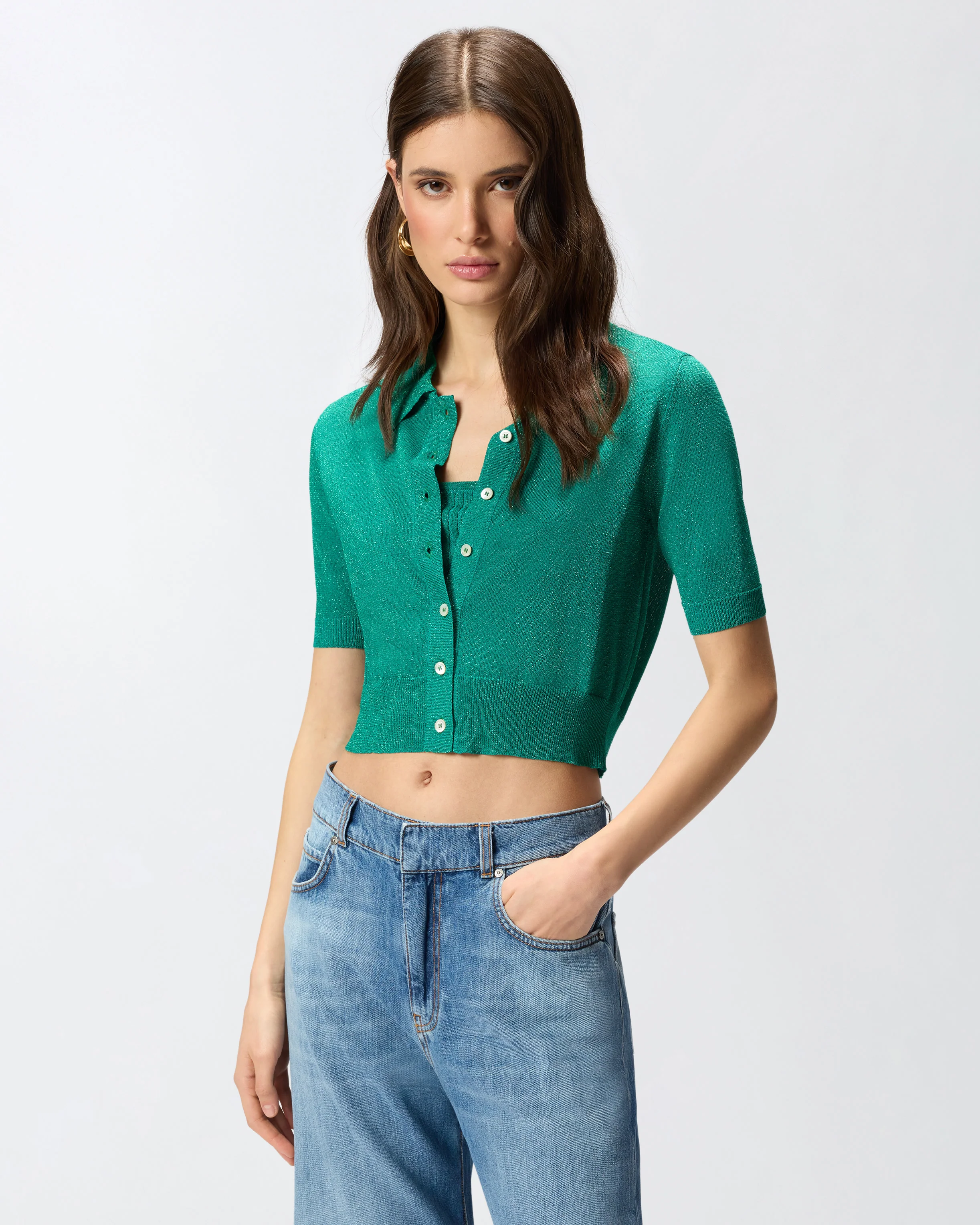Cardigan cropped a mezza manica con colletto