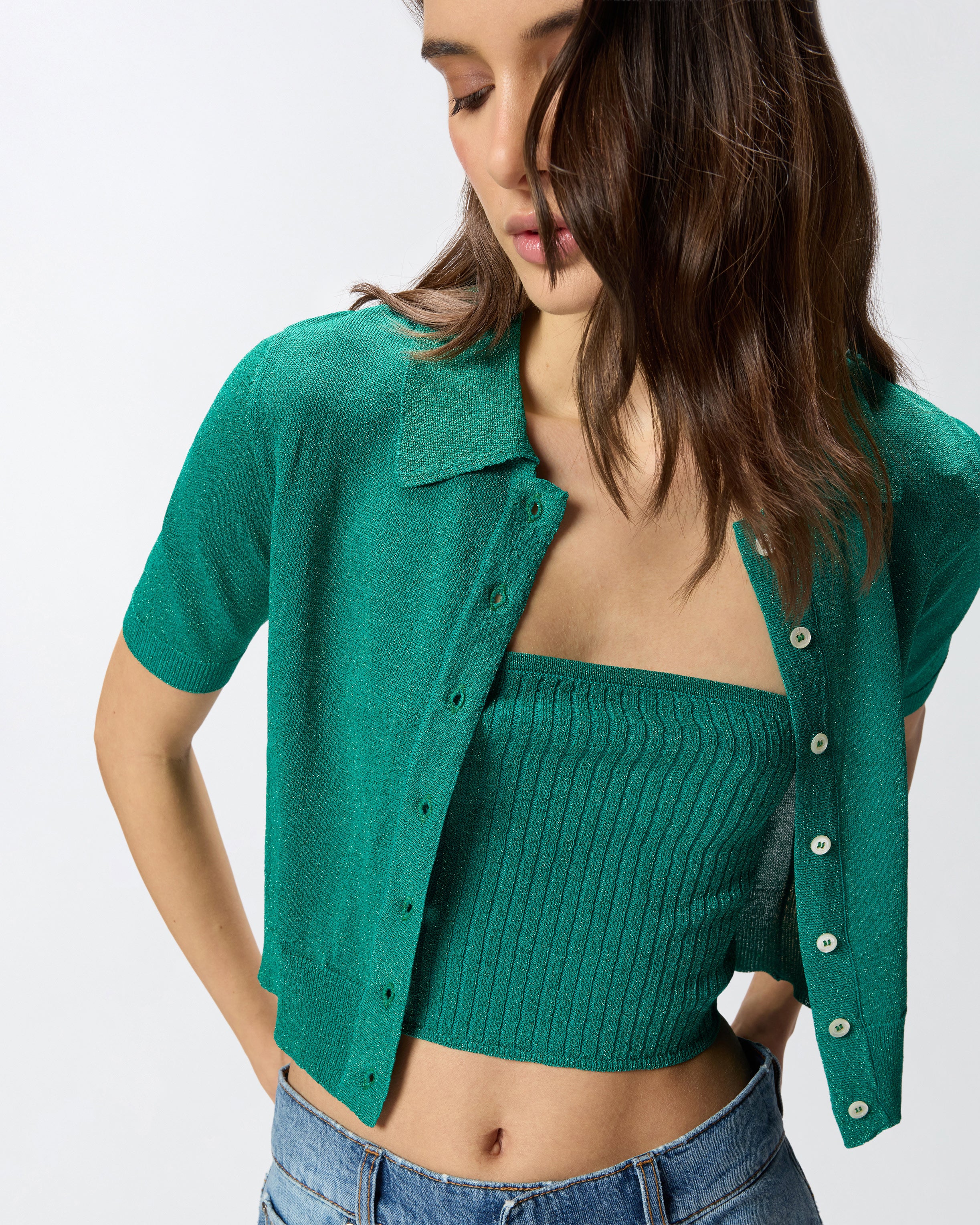 Cardigan cropped a mezza manica con colletto - Image 4