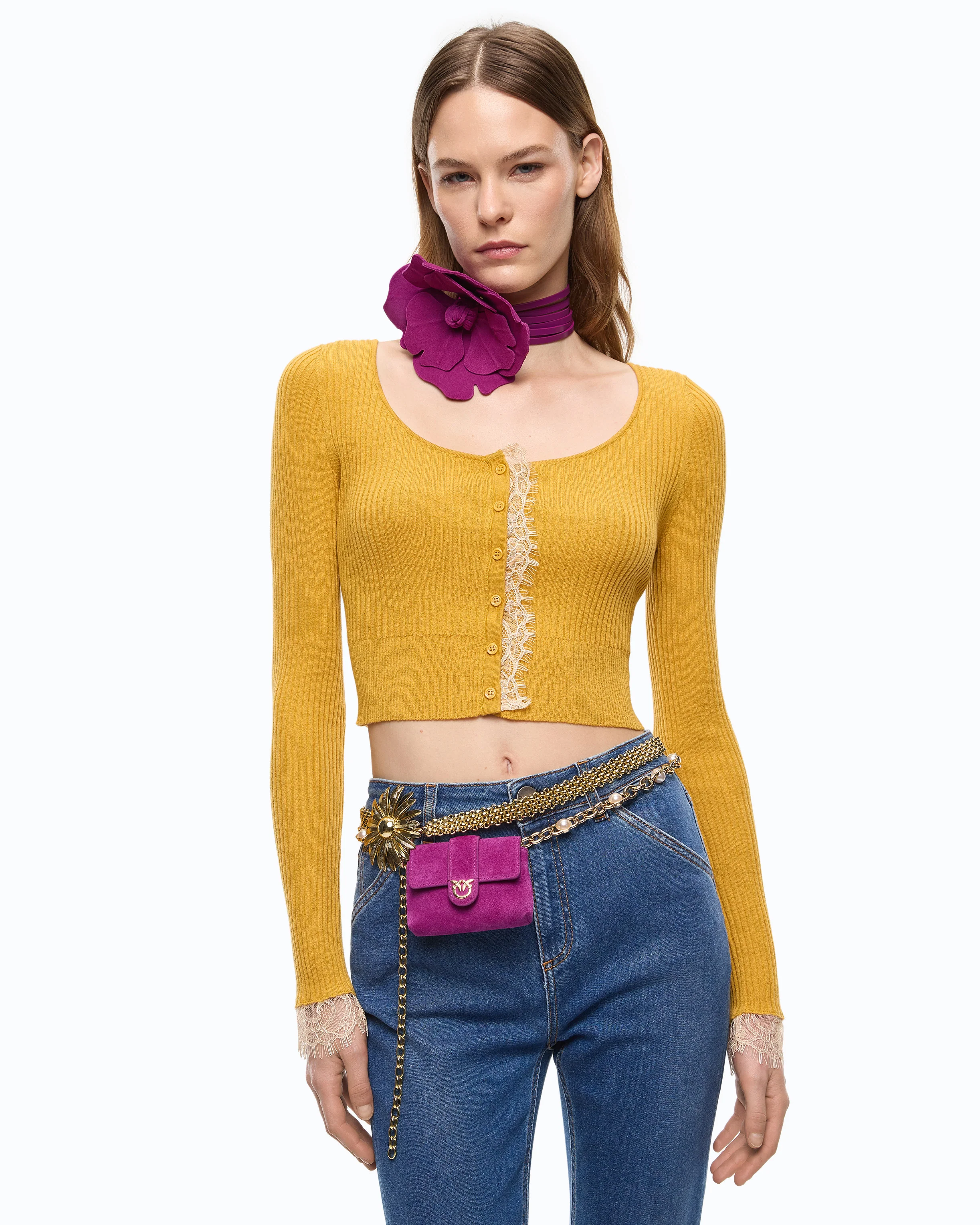 Cardigan cropped in misto seta e cashmere con pizzo