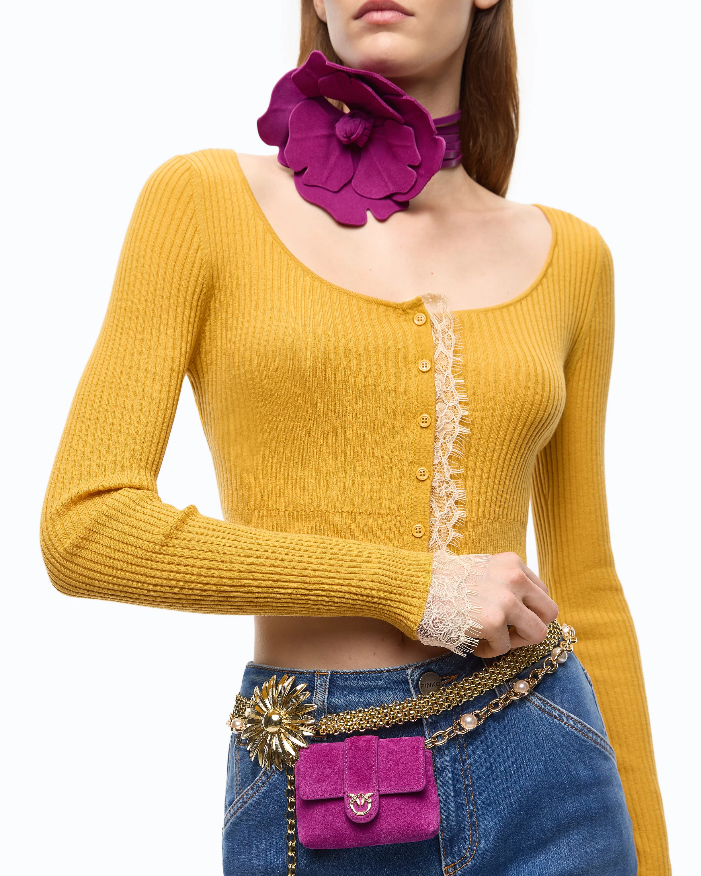 Cardigan cropped in misto seta e cashmere con pizzo - Image 3