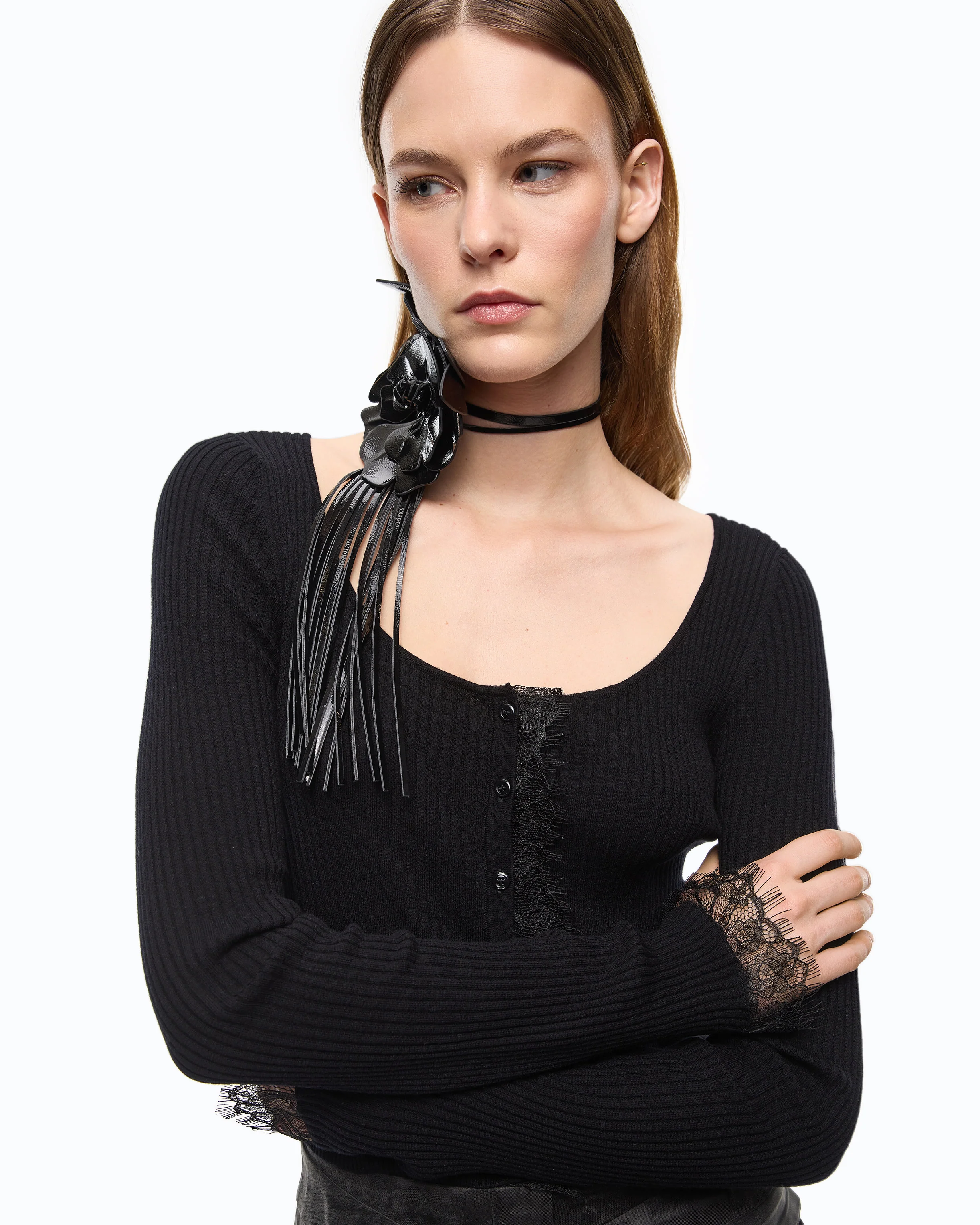 Cardigan cropped in misto seta e cashmere con pizzo - Image 3