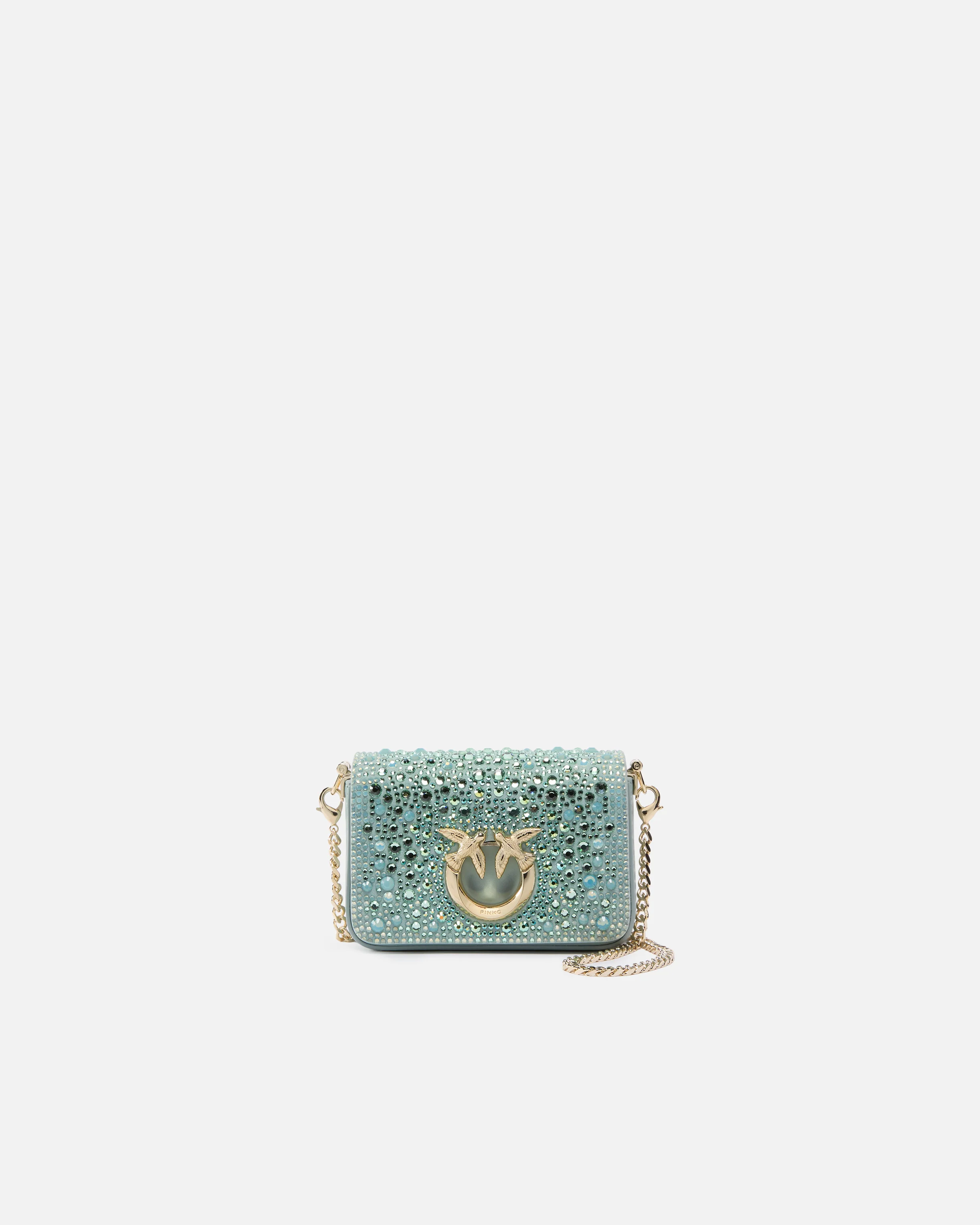 Clutch a mano Micro Love Bag Click in microfibra full strass PINKO Galleria