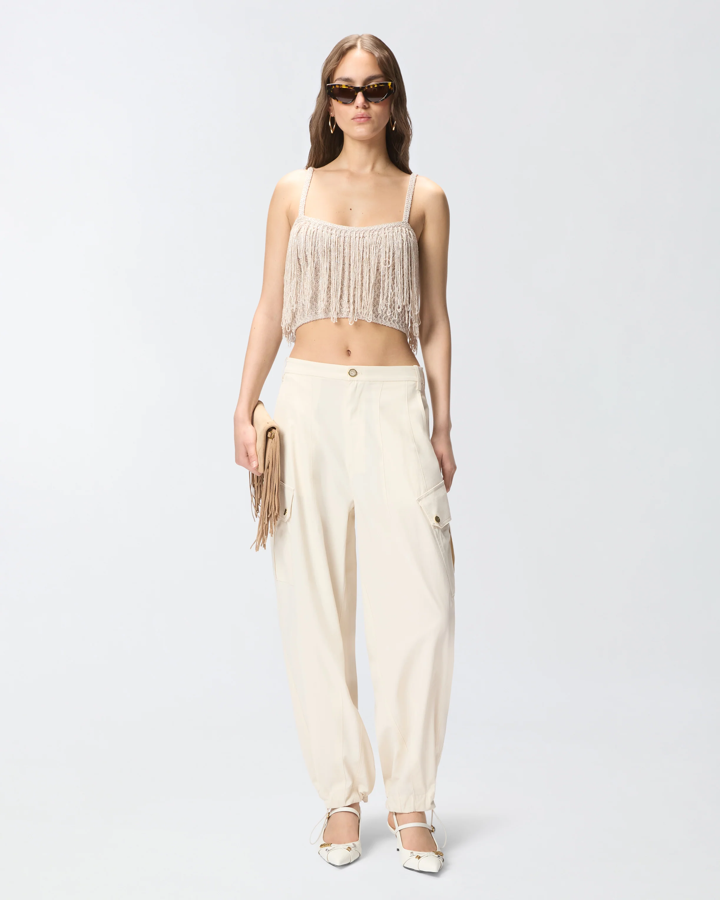 Crop top in maglia con frange - Image 2