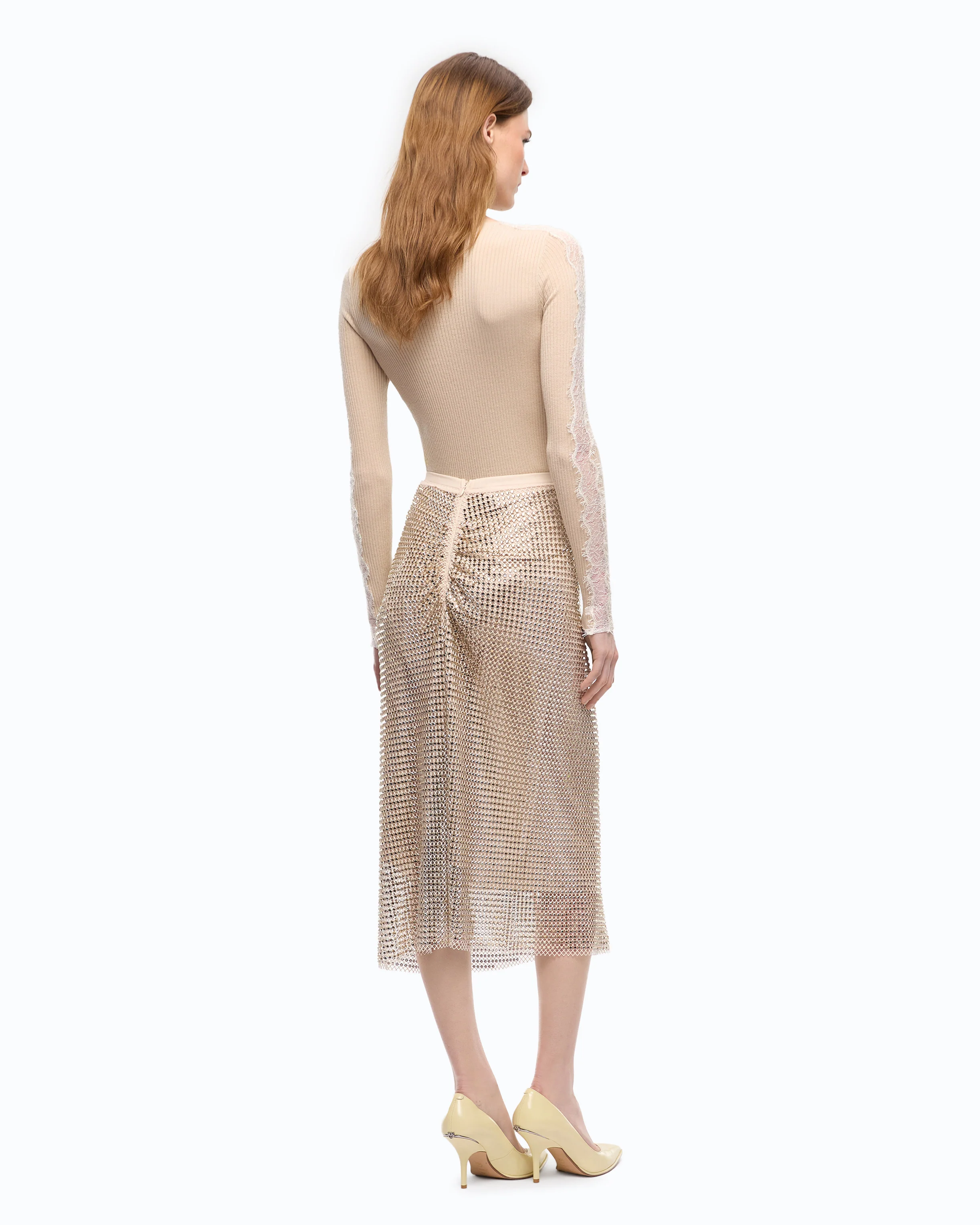 Gonna longuette effetto rete con strass - Image 3