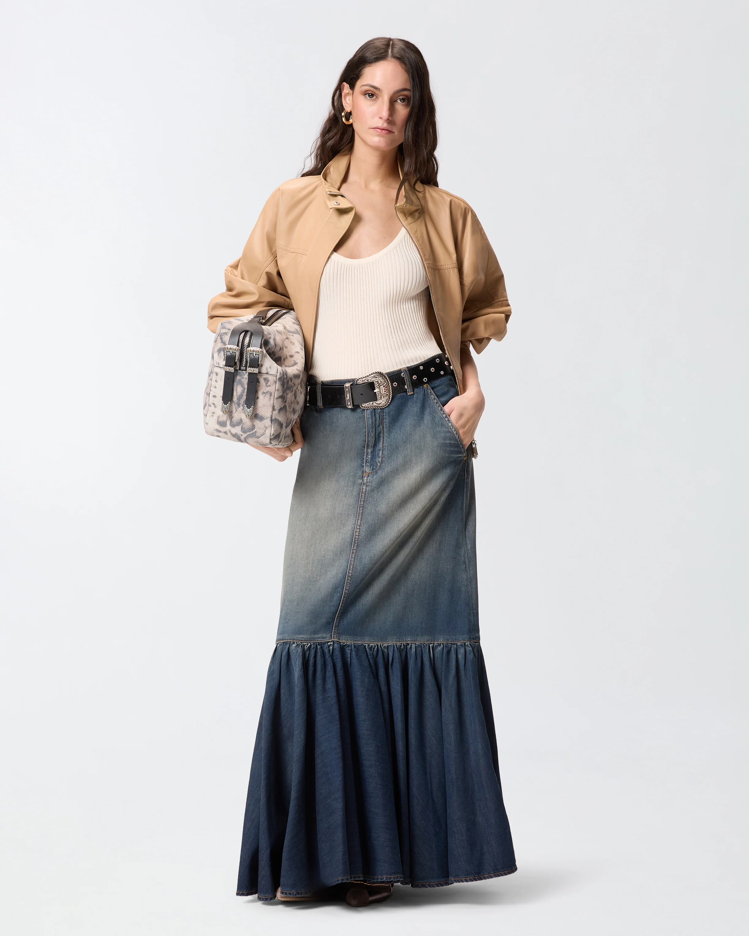 Gonna lunga in denim con balza e cintura