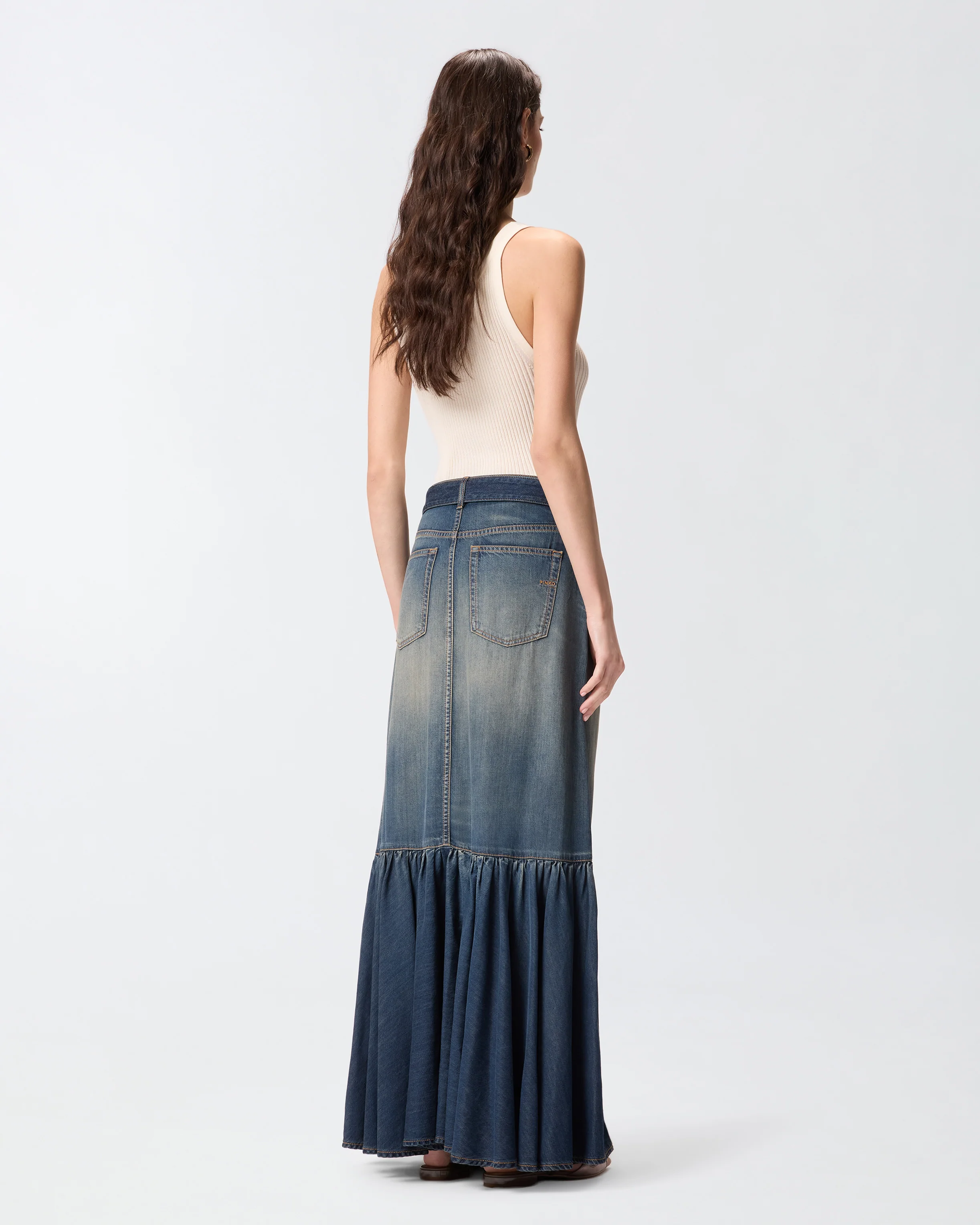 Gonna lunga in denim con balza e cintura - Image 3