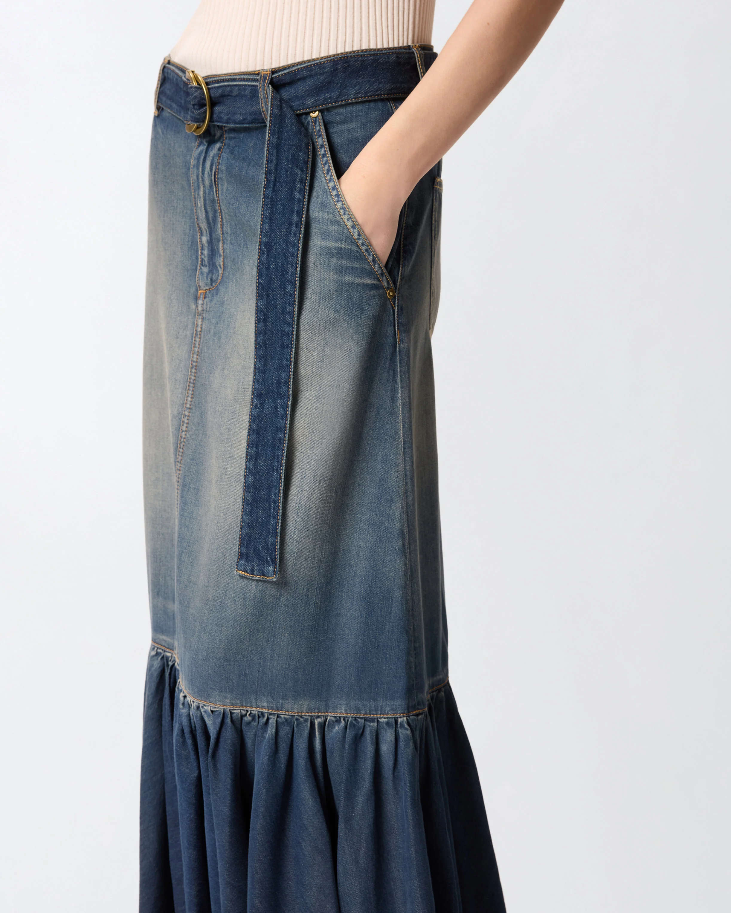 Gonna lunga in denim con balza e cintura - Image 4