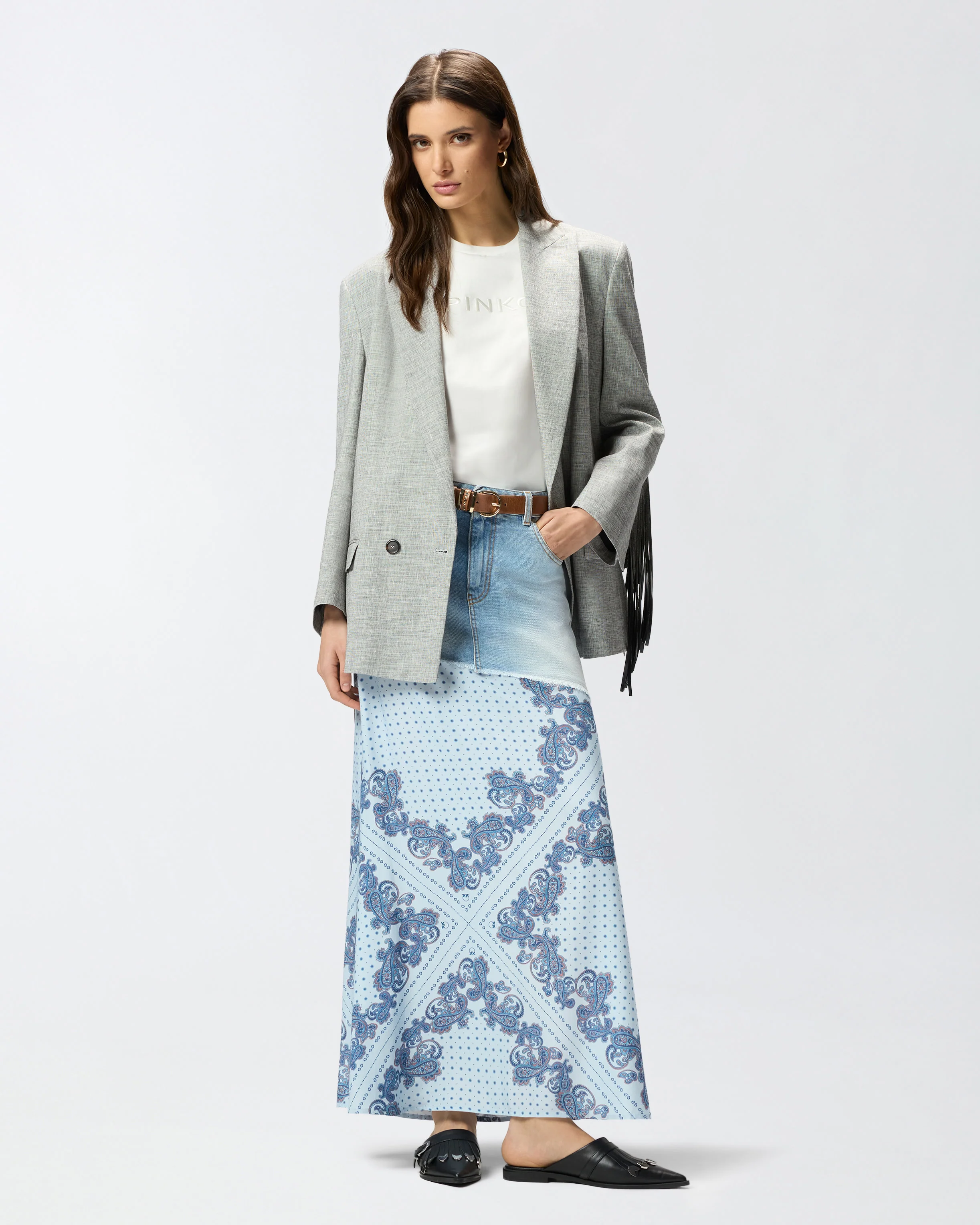 Gonna midi in denim con stampa foulard