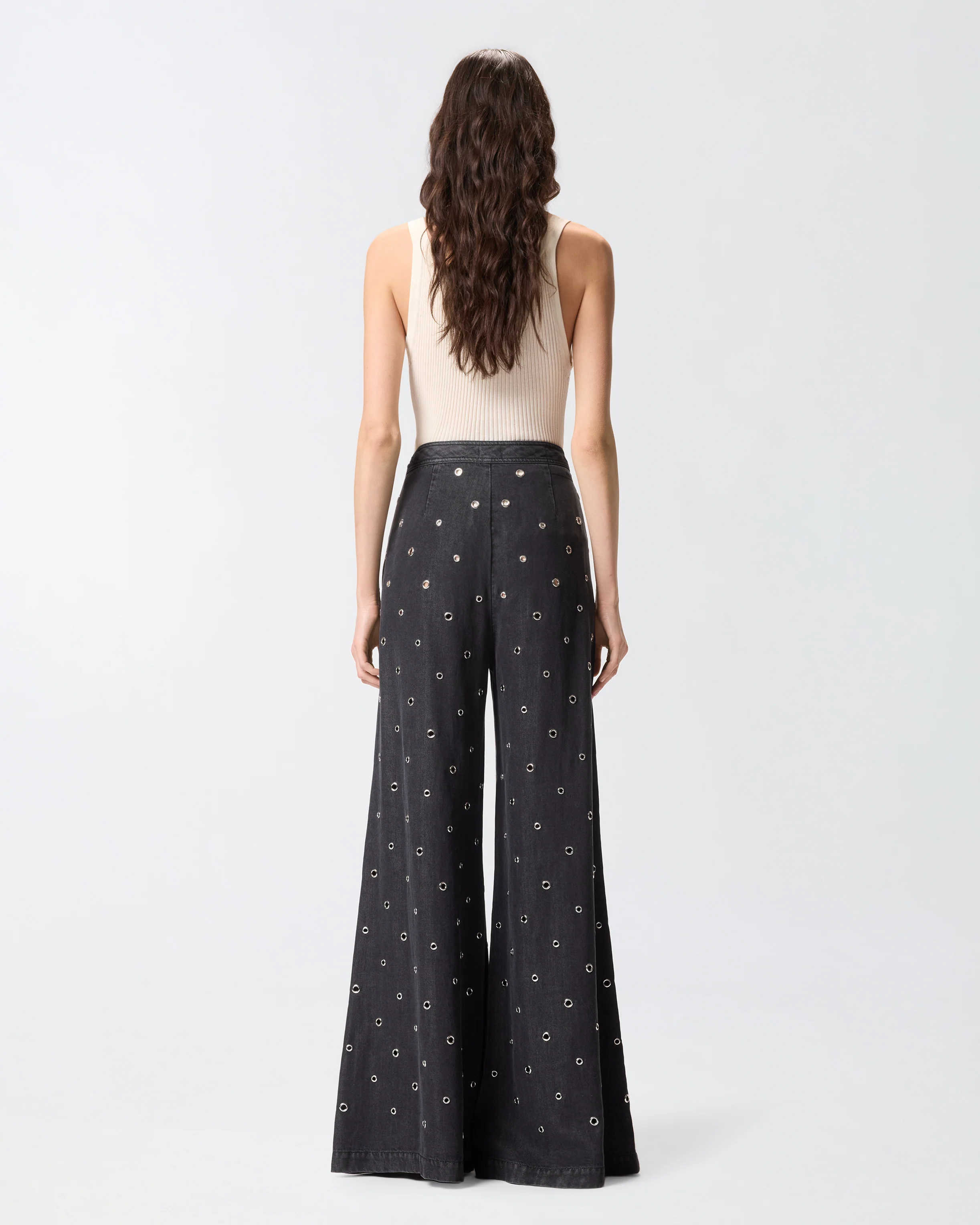 Jeans wide leg in denim scuro con occhielli - Image 3