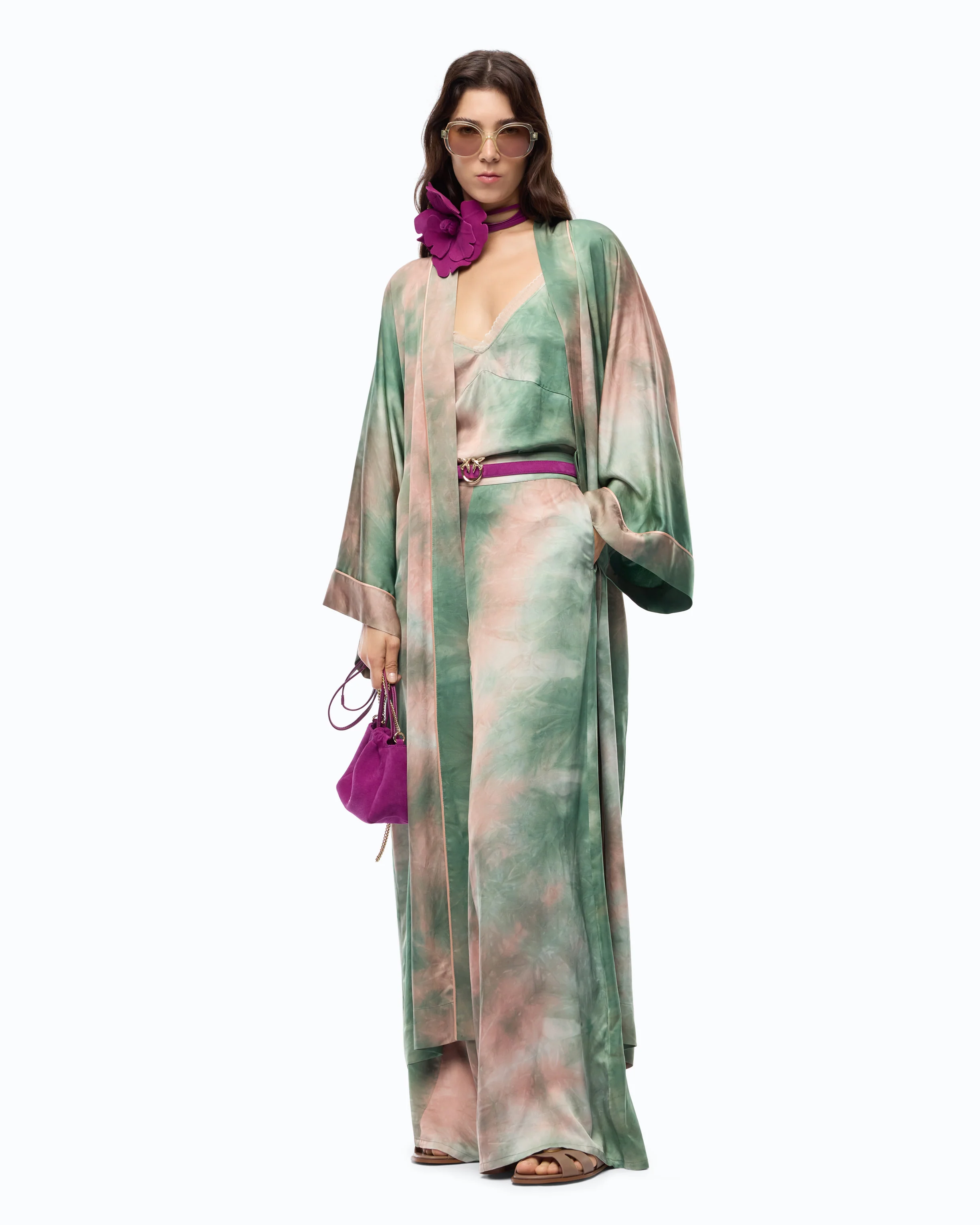 Kimono lungo in satin dal colore sfumato