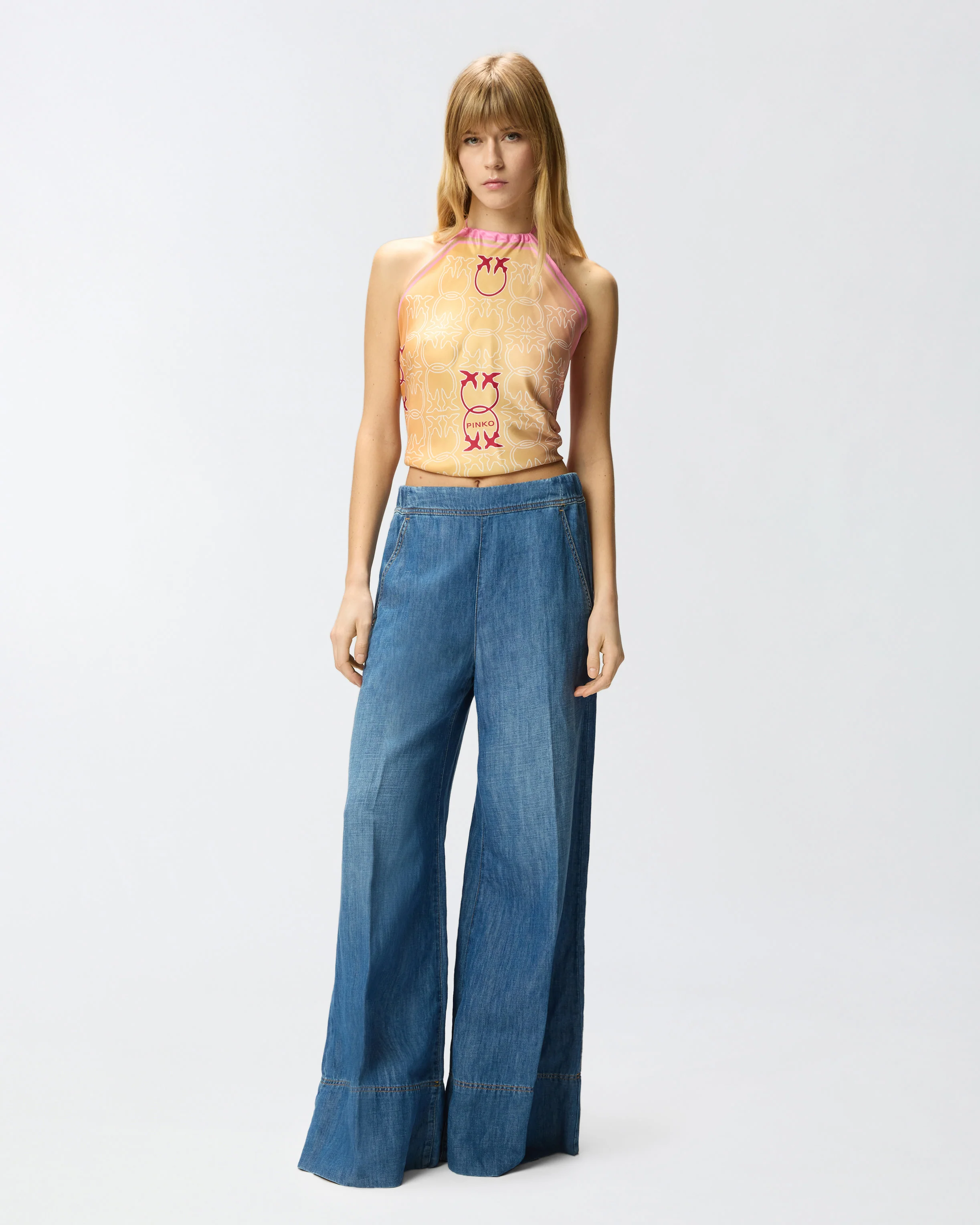 Pantaloni ampi in denim di misto lino