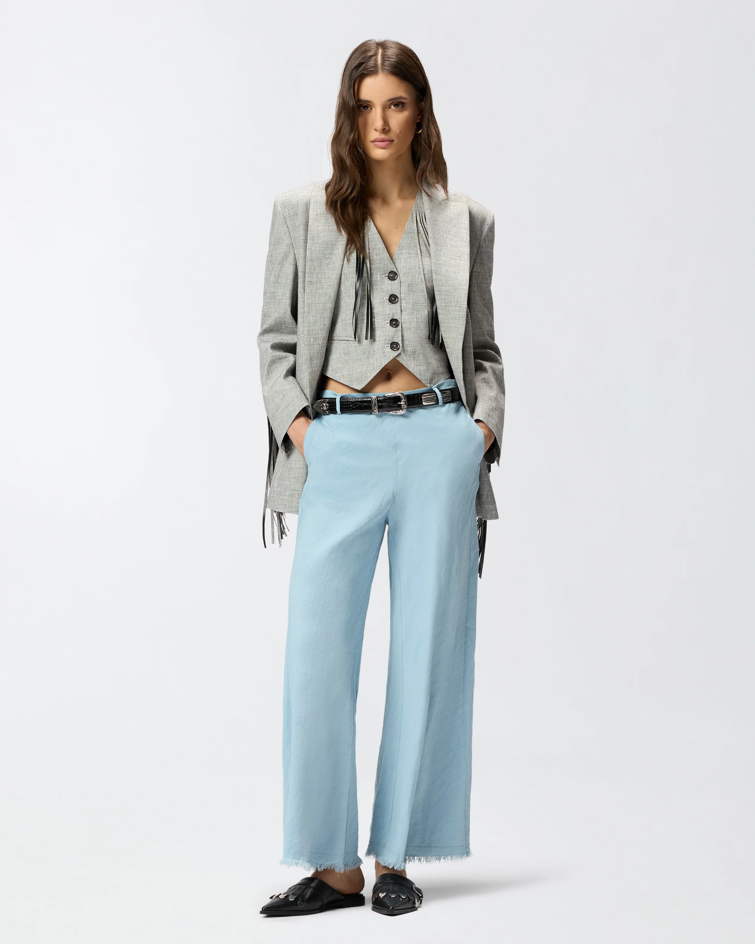 Pantaloni in misto lino con cintura