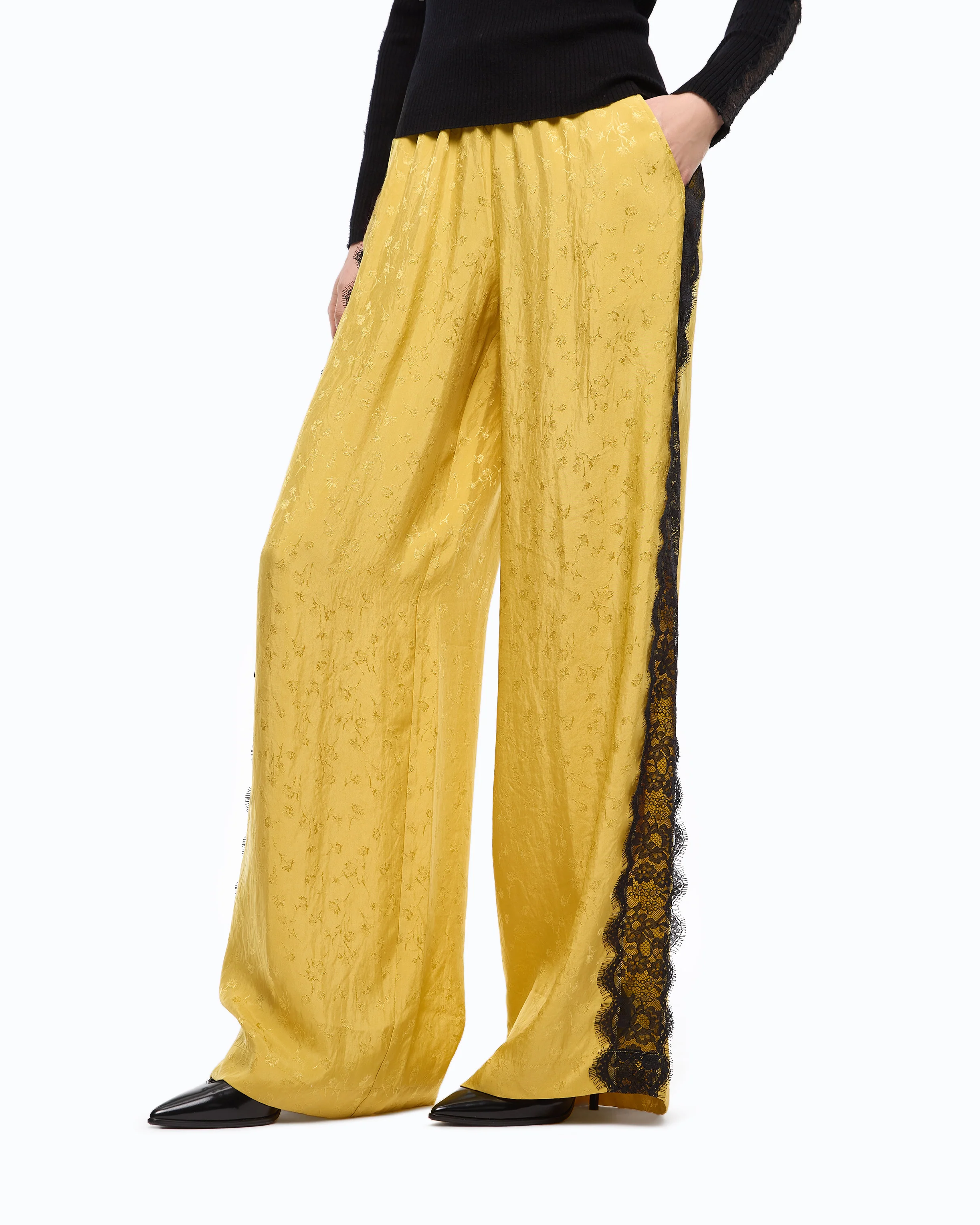 Pantaloni palazzo con motivo floreale e banda in pizzo - Image 2