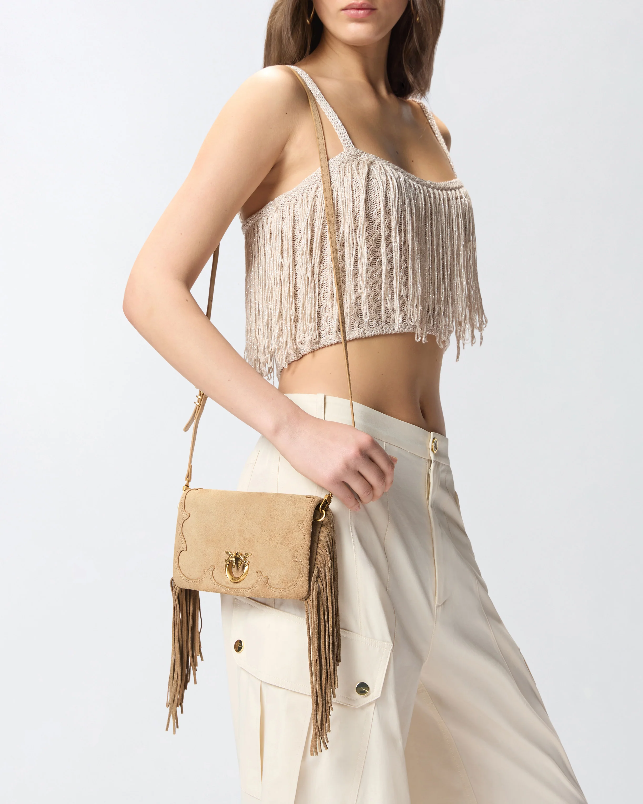 Pochette a tracolla piccola Love Bag Click Soft Horizontal Mini in suede con frange - Image 5