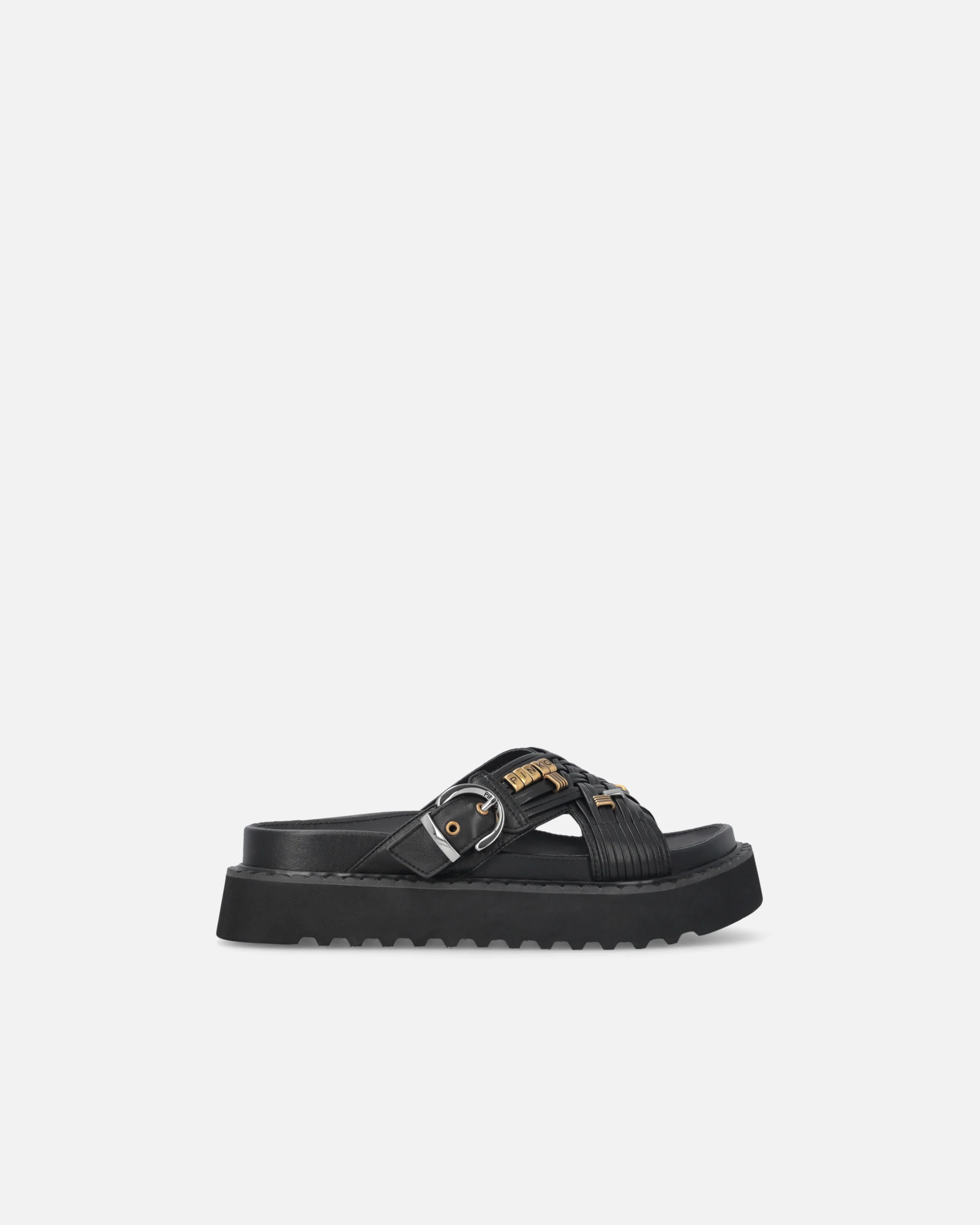 Sandali slide in nappa intrecciata con anelli metallici
