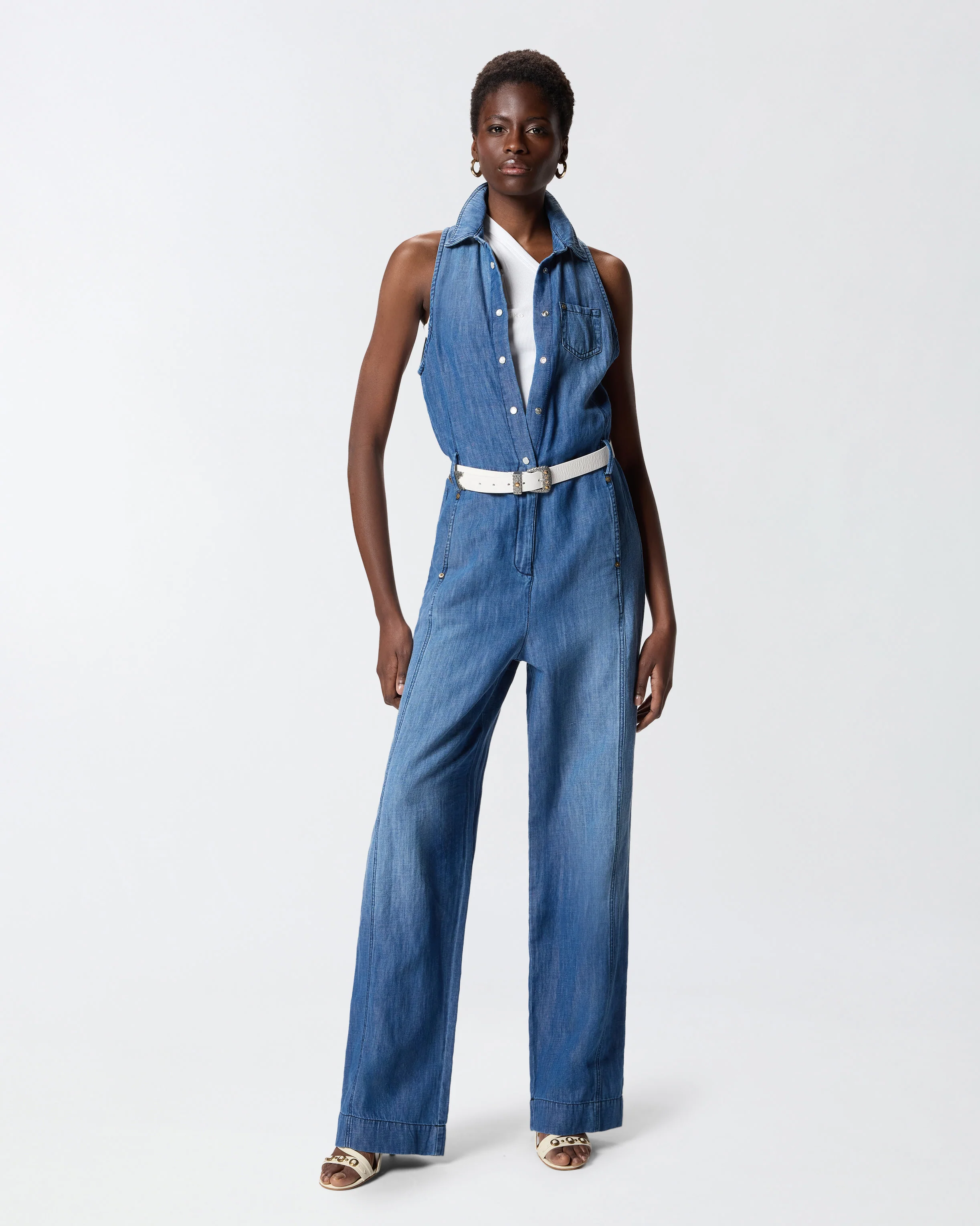 Tuta intera in denim con cintura