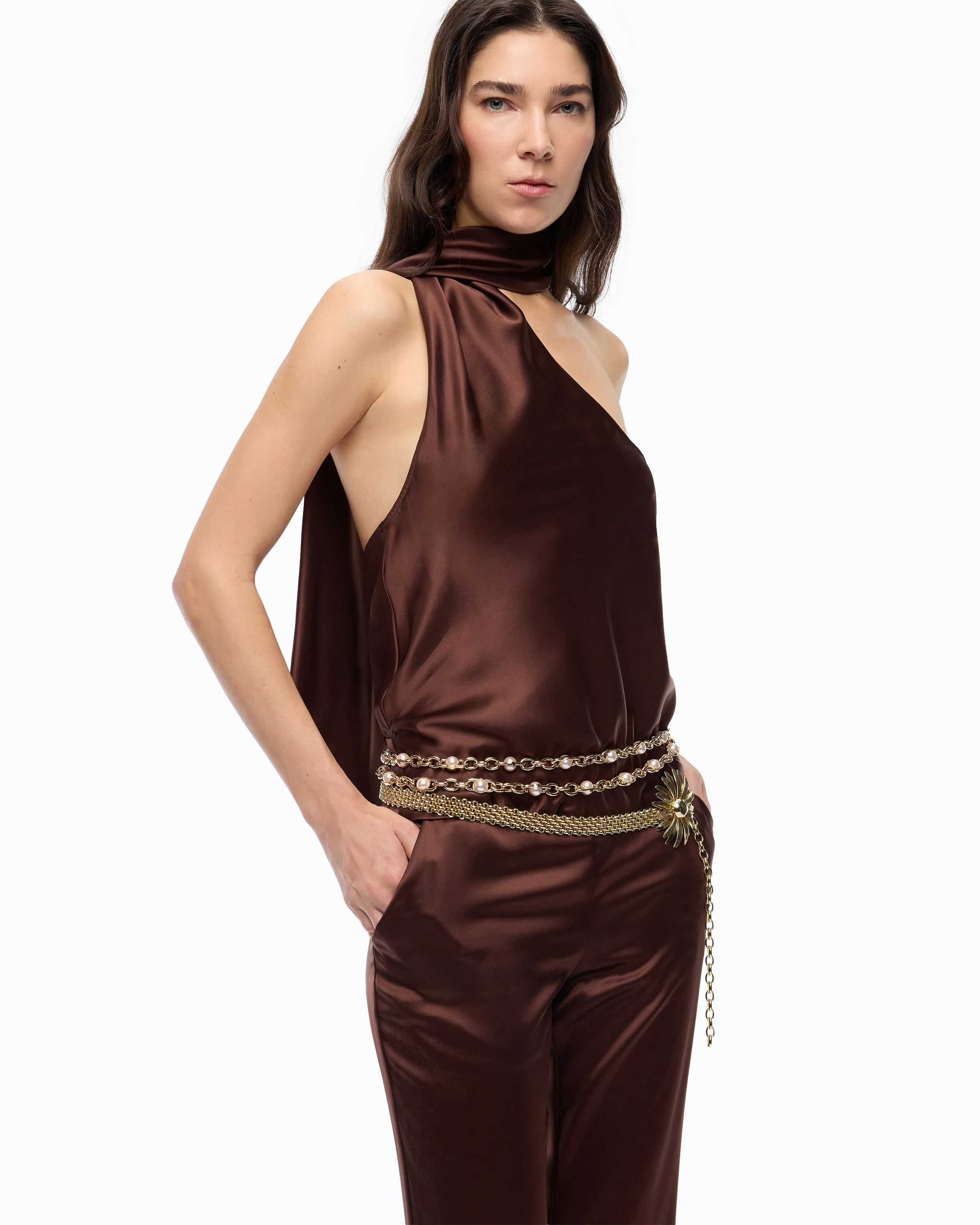 Tuta lunga in satin con fusciacca - Image 2